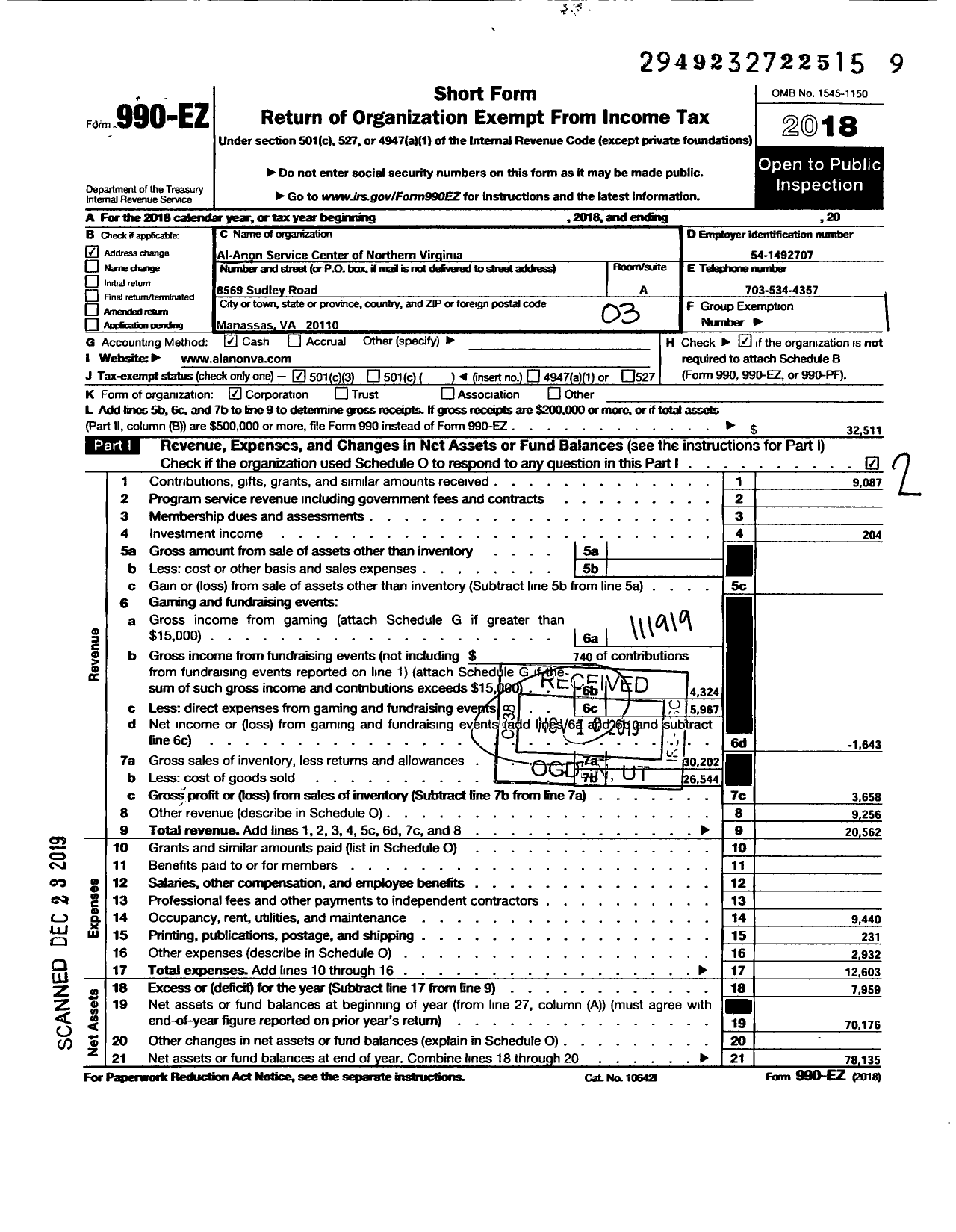 Image of first page of 2018 Form 990EZ for Al-Anon Service Center of Northern Virginia