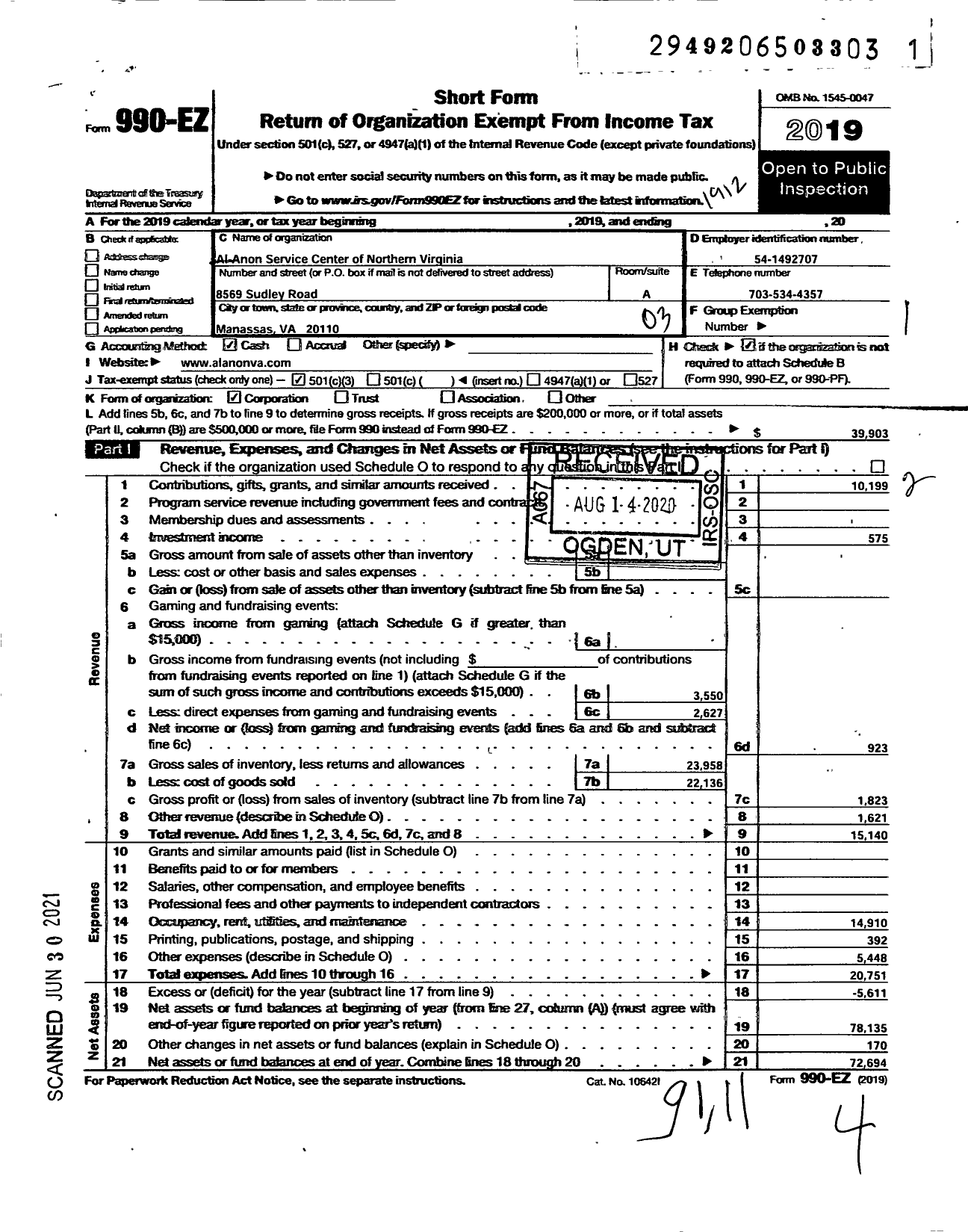 Image of first page of 2019 Form 990EZ for Al-Anon Service Center of Northern Virginia