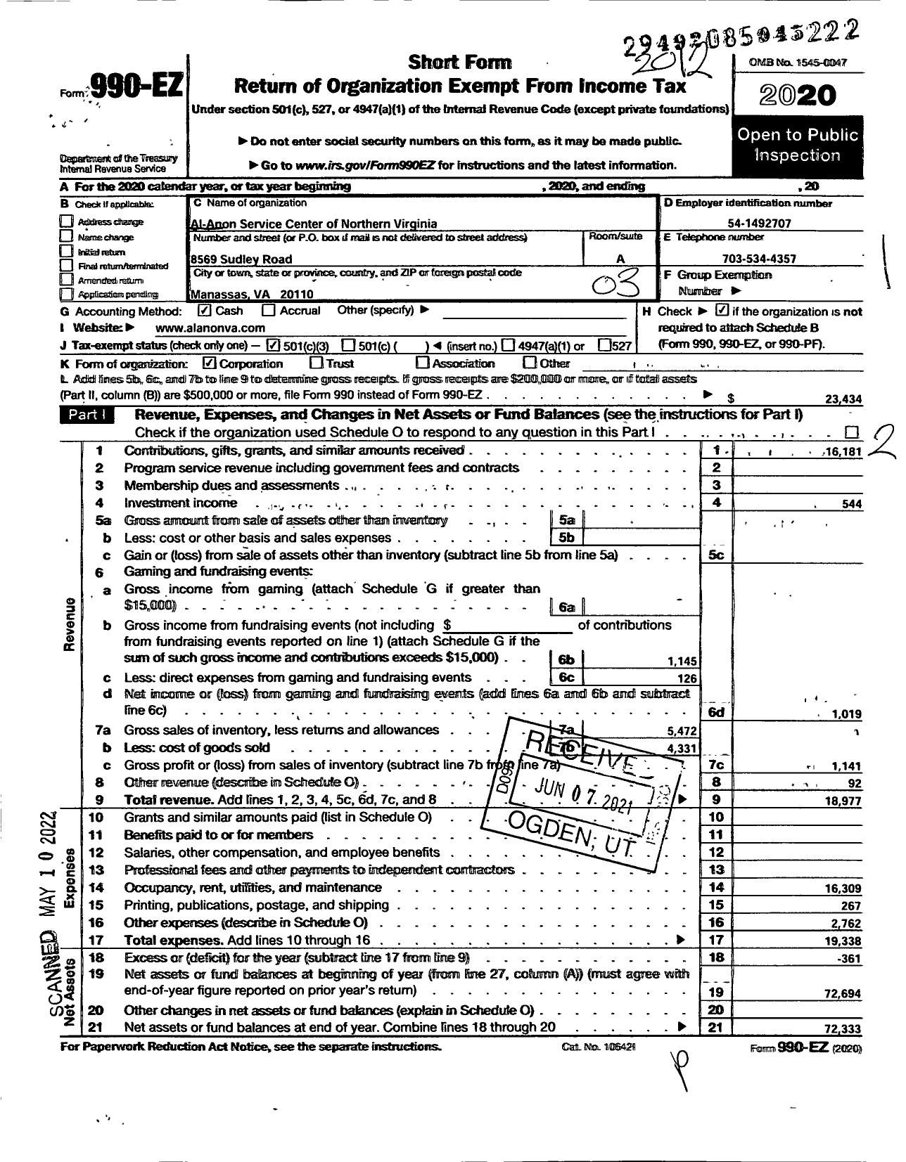 Image of first page of 2020 Form 990EZ for Al-Anon Service Center of Northern Virginia