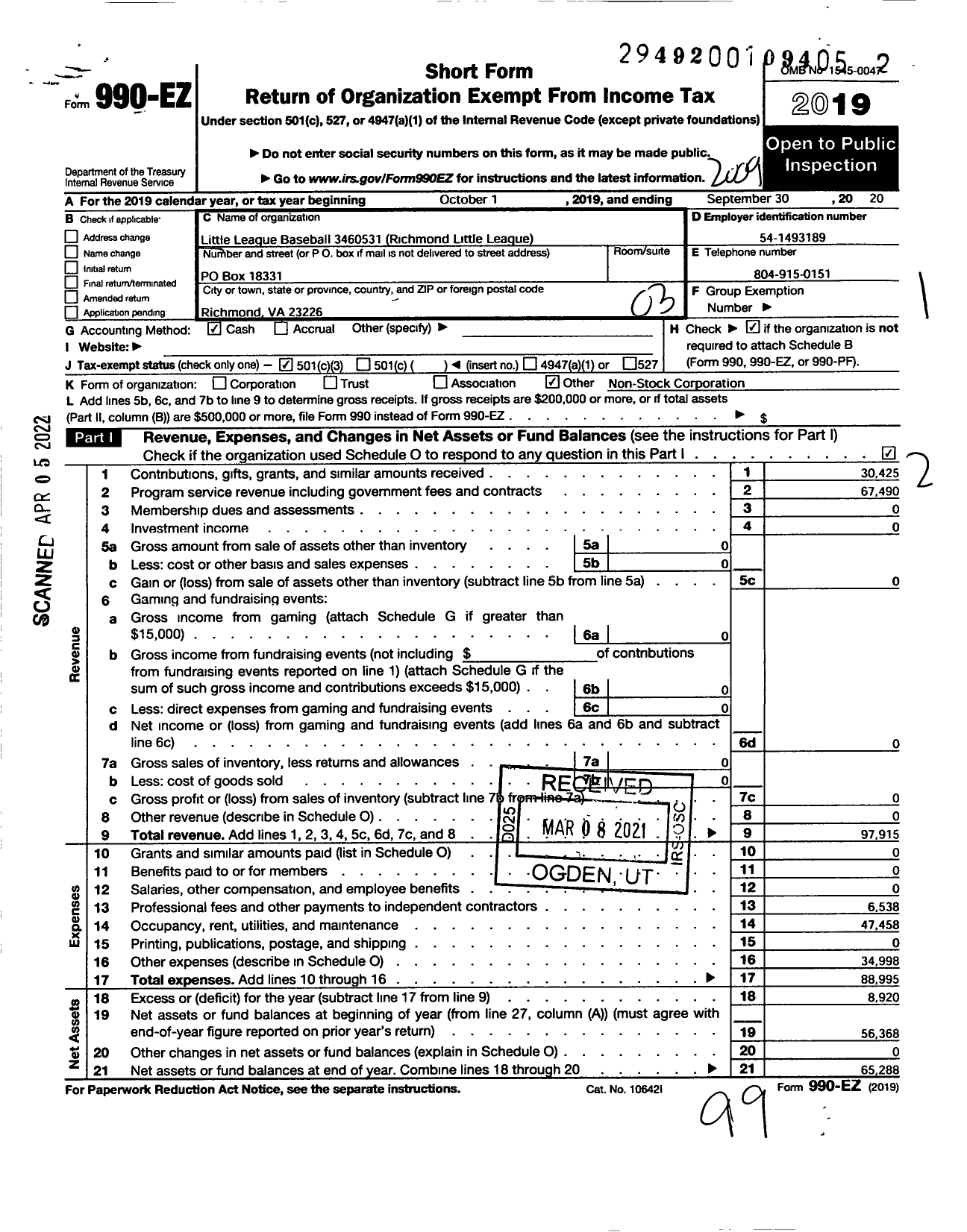 Image of first page of 2019 Form 990EZ for Little League Baseball - 3460531 Richmond LL