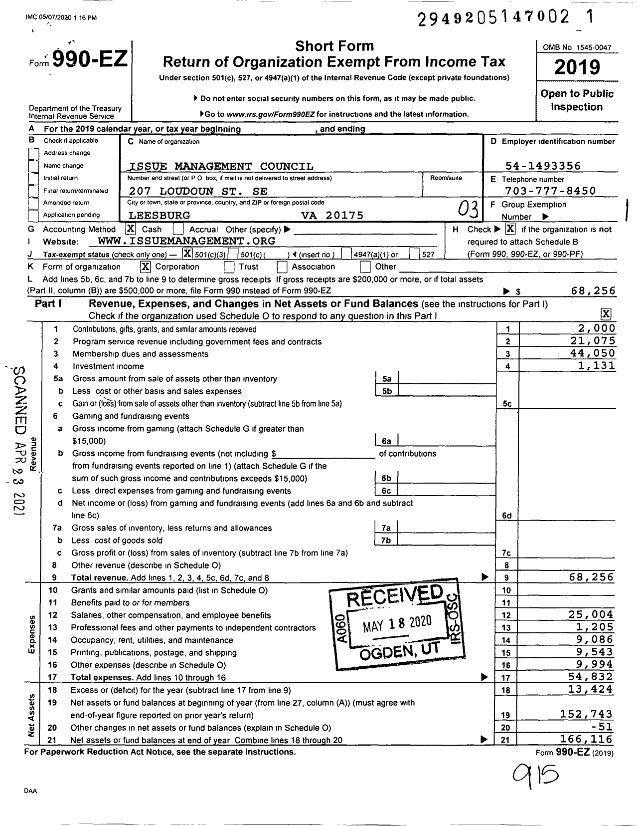 Image of first page of 2019 Form 990EZ for Issue Management Council