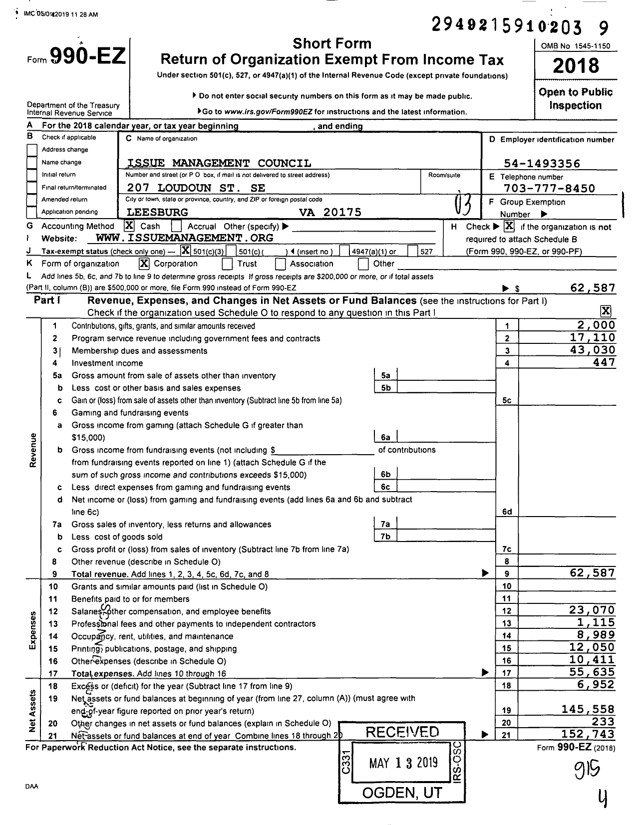Image of first page of 2018 Form 990EZ for Issue Management Council