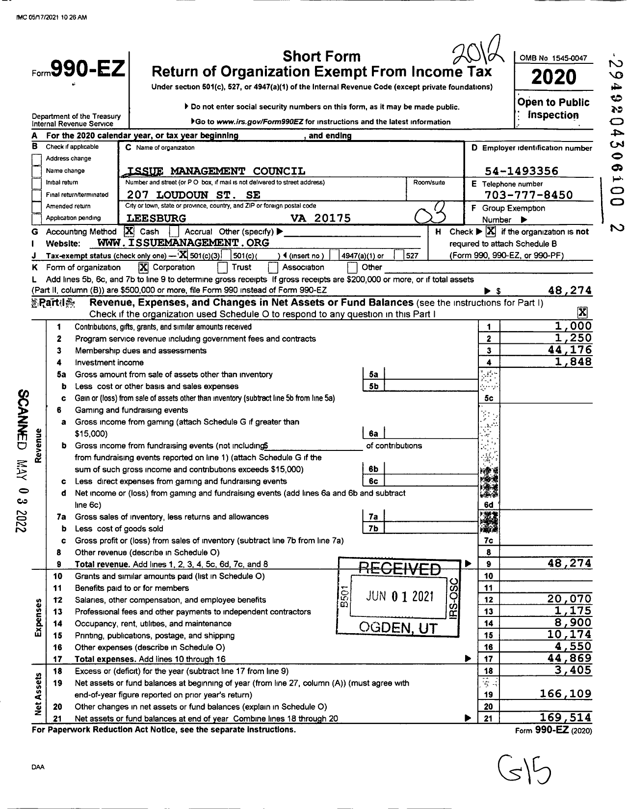 Image of first page of 2020 Form 990EZ for Issue Management Council