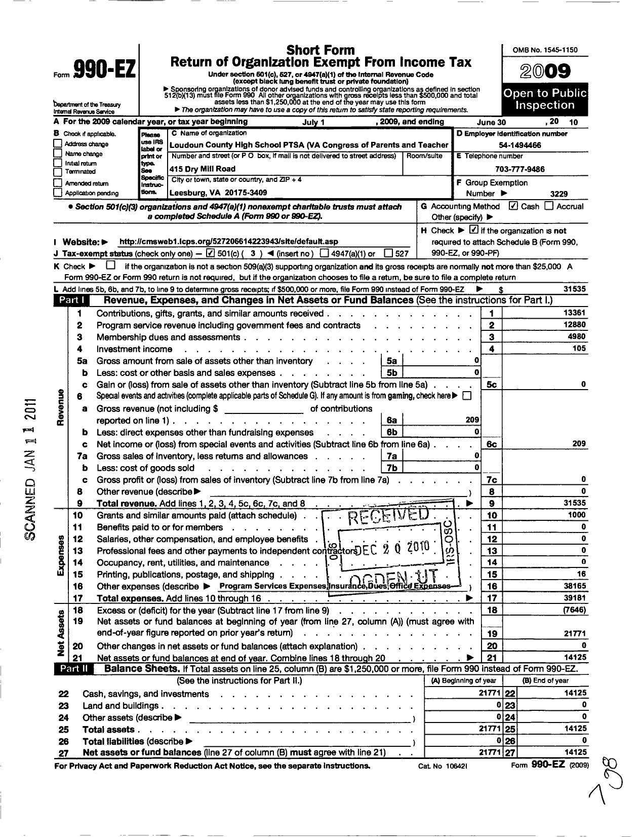 Image of first page of 2009 Form 990EZ for Virginia PTA - Loudoun County High Ptsa