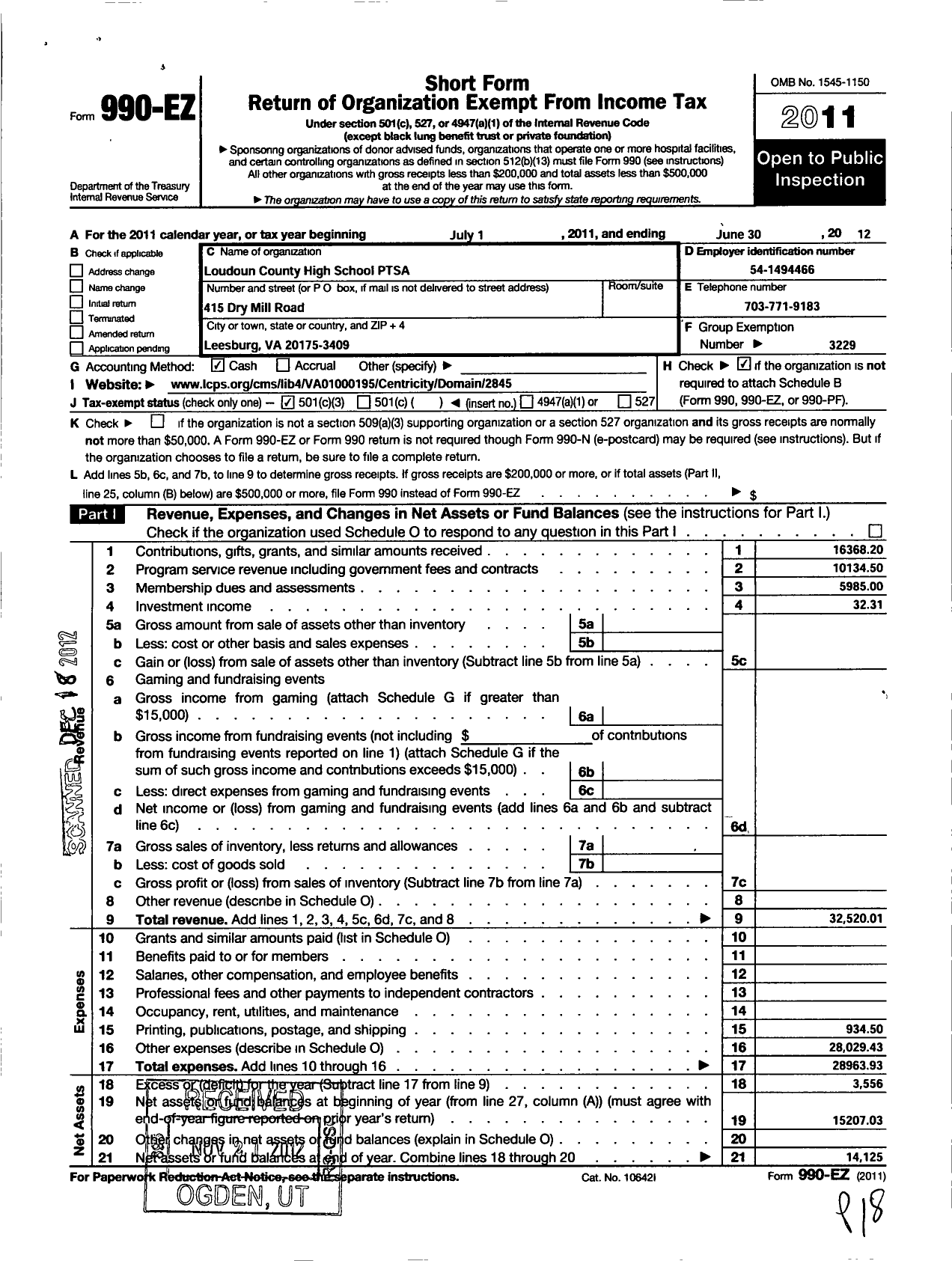 Image of first page of 2011 Form 990EZ for Virginia PTA - Loudoun County High Ptsa