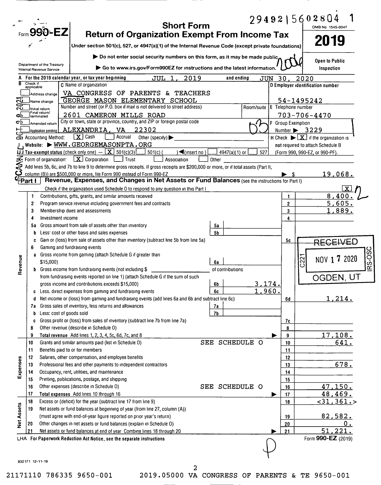 Image of first page of 2019 Form 990EZ for Virginia PTA - George Mason Elem PTA