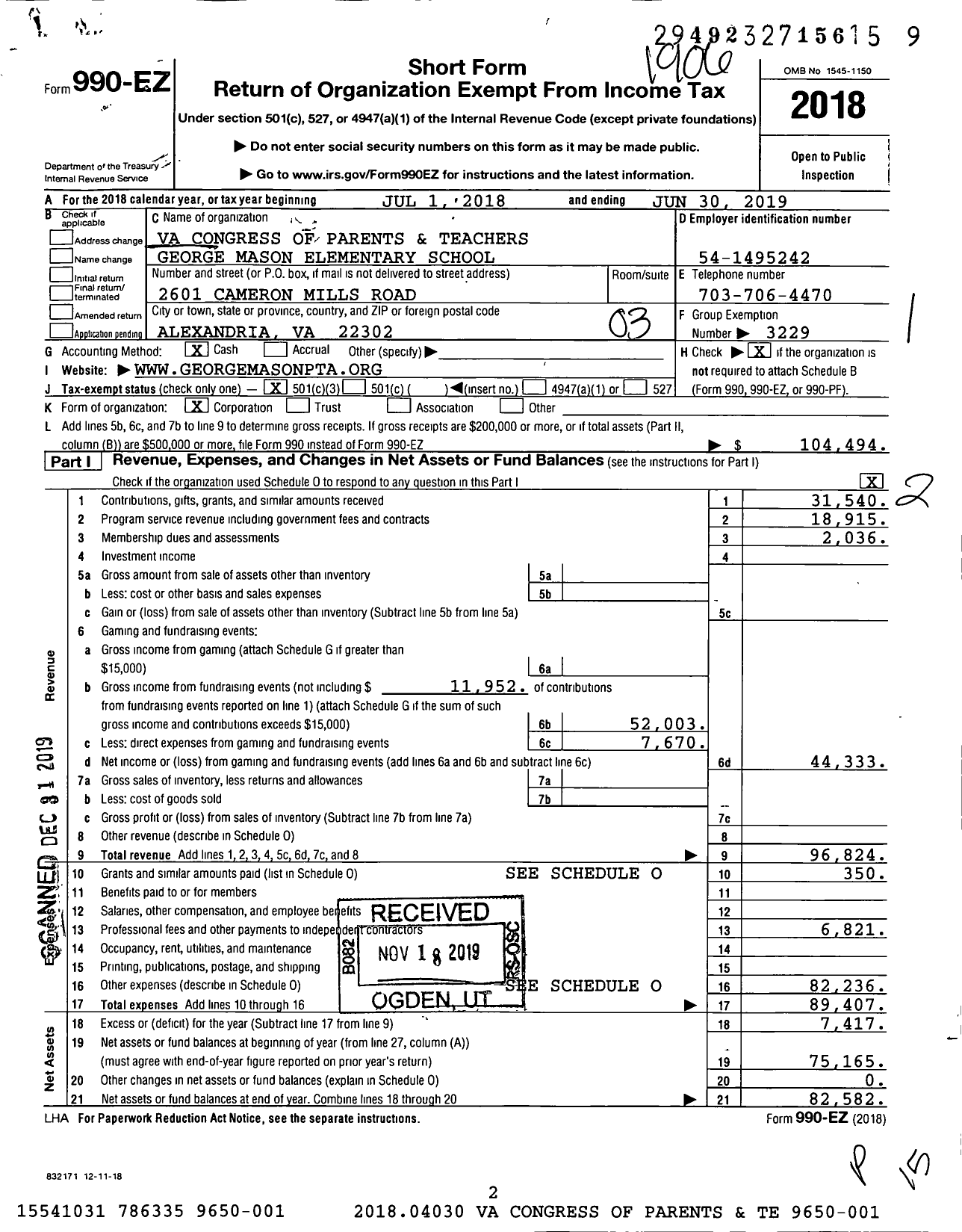 Image of first page of 2018 Form 990EZ for Virginia PTA - George Mason Elem PTA