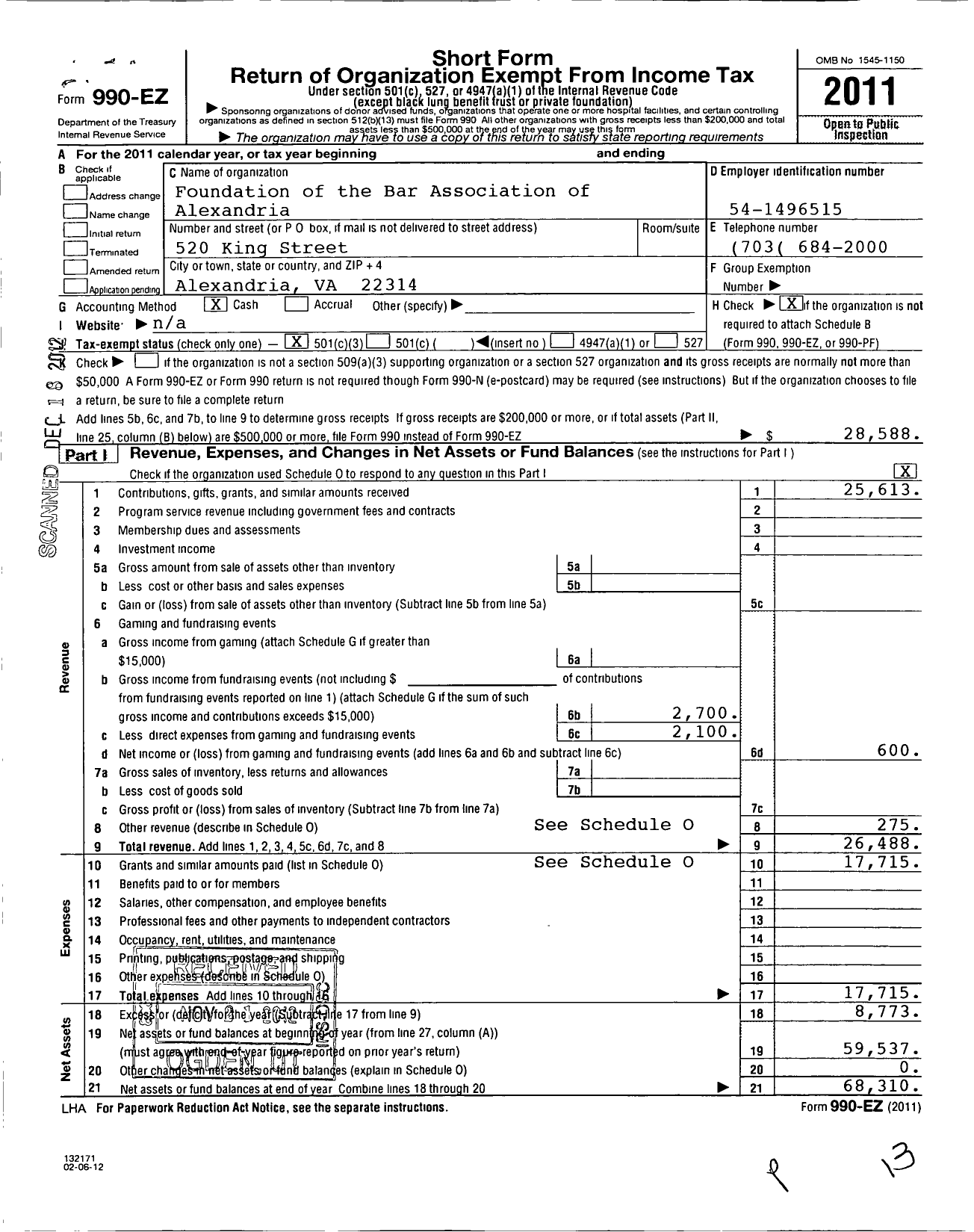 Image of first page of 2011 Form 990EZ for Foundation of the Alexandria Bar Association