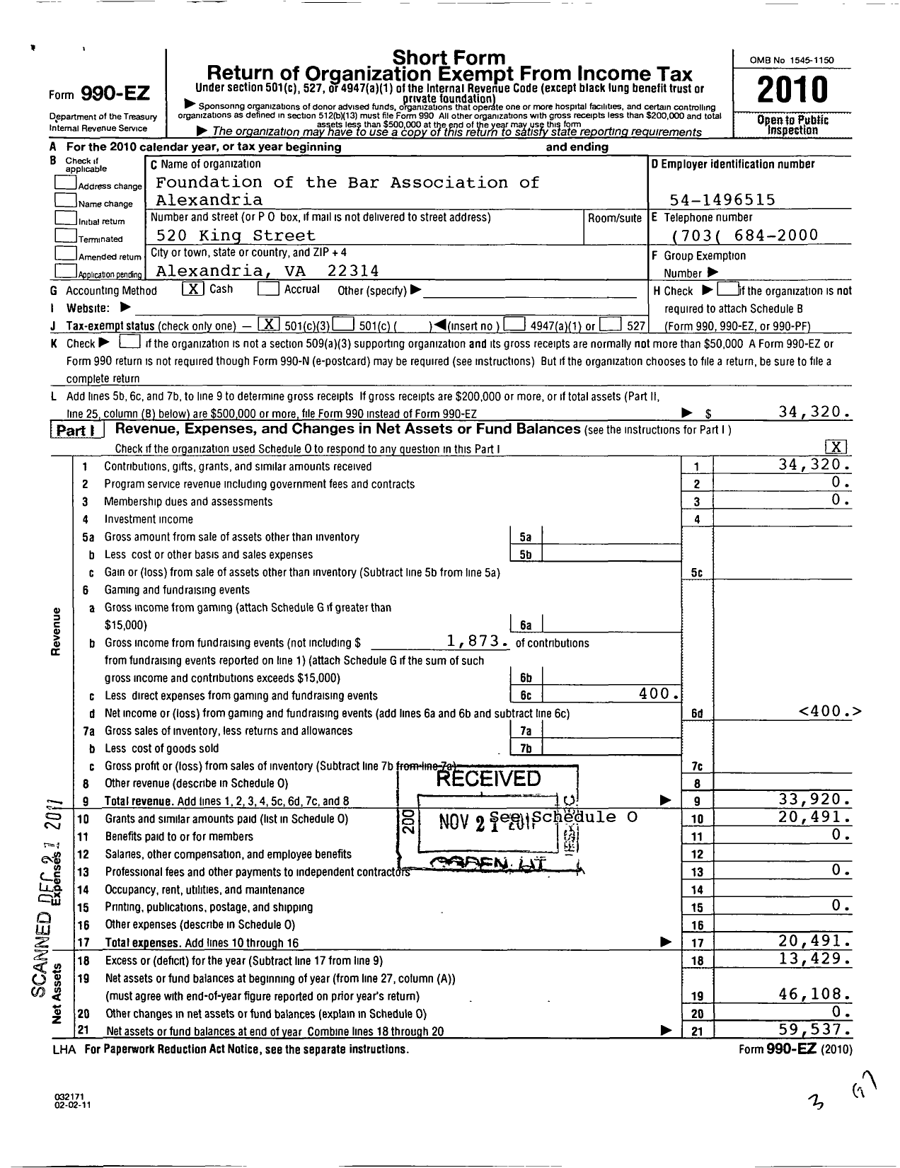 Image of first page of 2010 Form 990EZ for Foundation of the Alexandria Bar Association