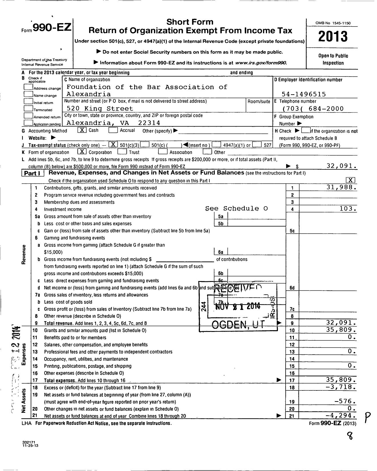 Image of first page of 2013 Form 990EZ for Foundation of the Alexandria Bar Association