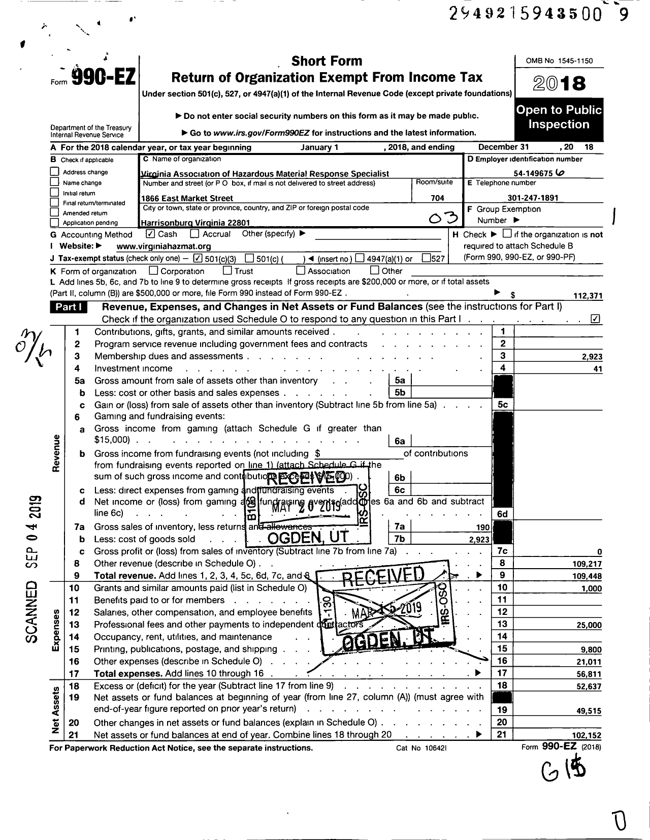 Image of first page of 2018 Form 990EZ for Virginia Association of Hazardous