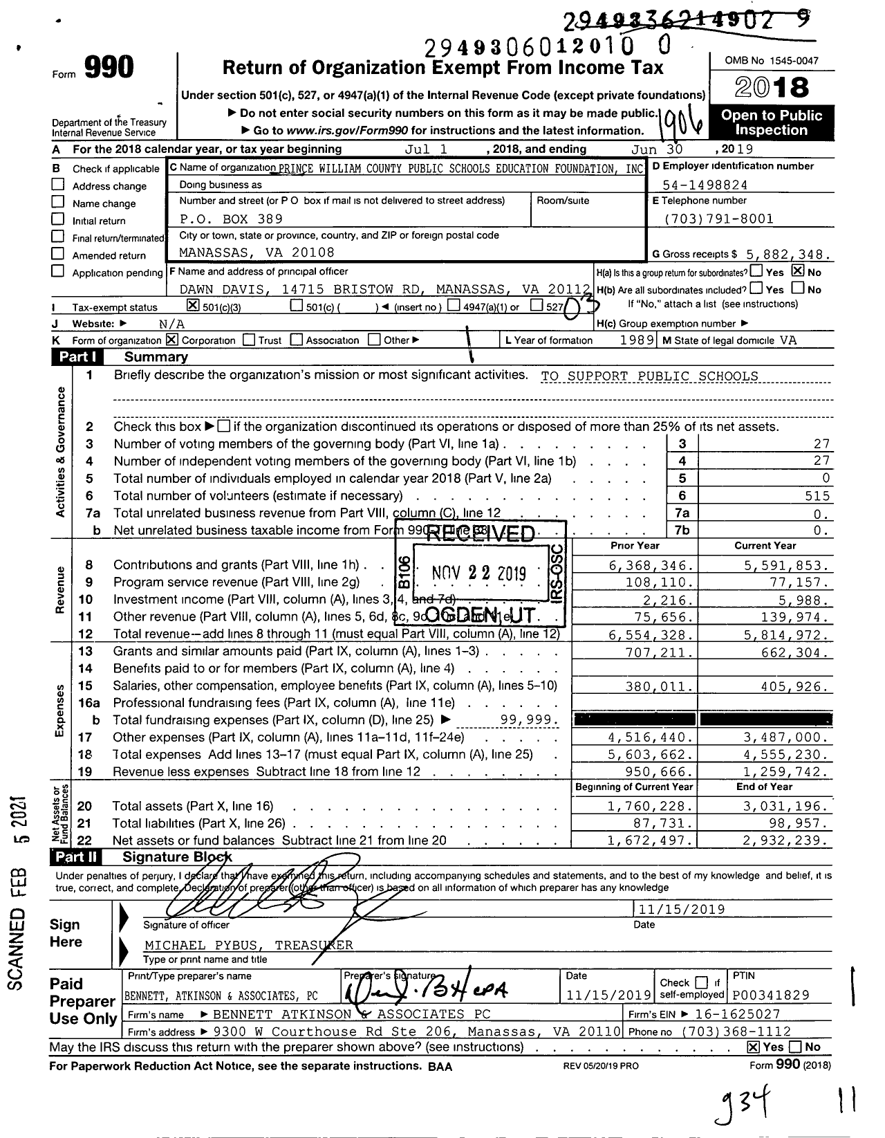 Image of first page of 2018 Form 990 for Prince William County Public Schools Education Foundation