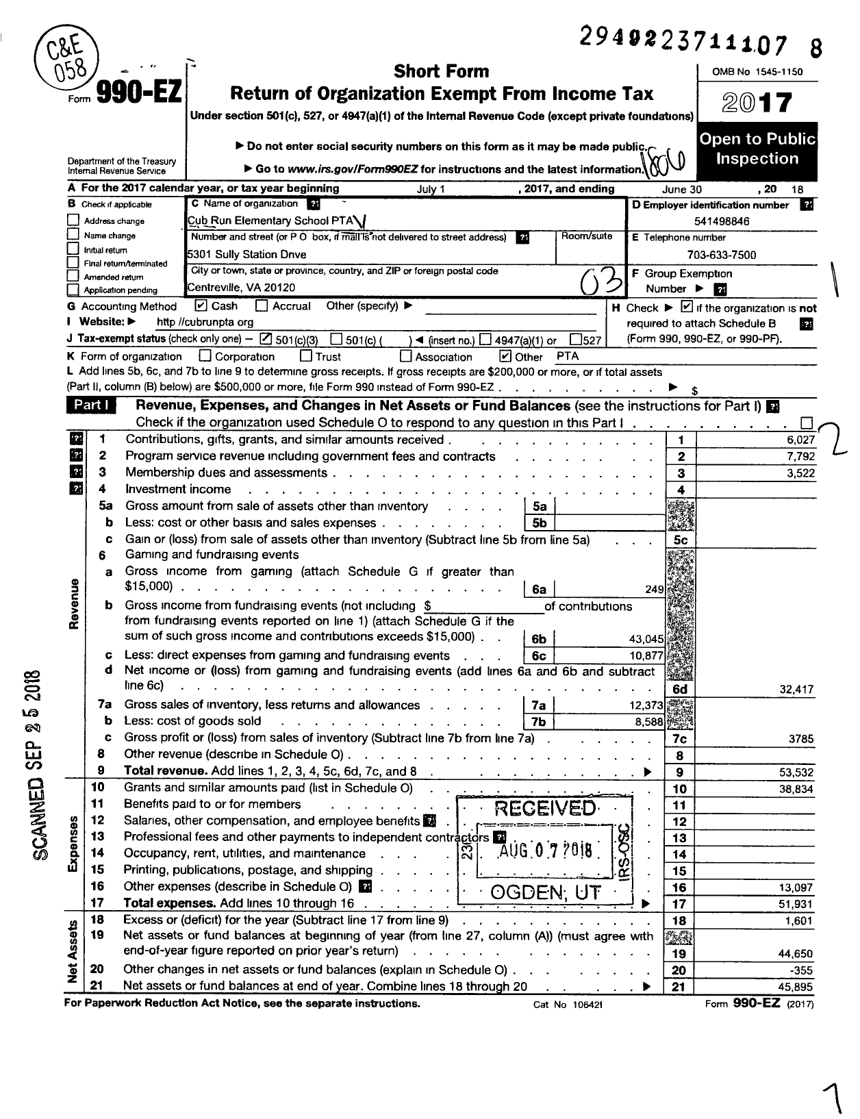 Image of first page of 2017 Form 990EZ for Virginia PTA - Cub Run Elem PTA