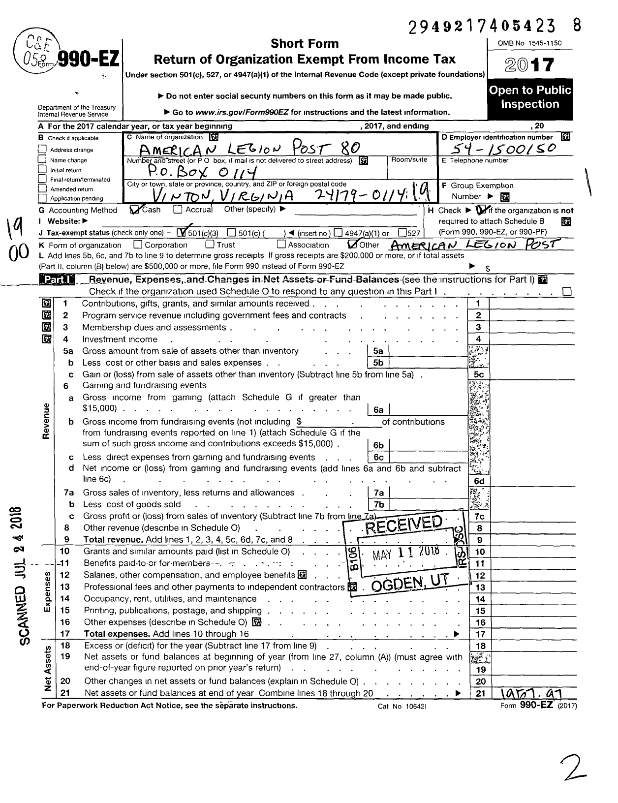 Image of first page of 2017 Form 990EO for American Legion - 80 Dogwood Post