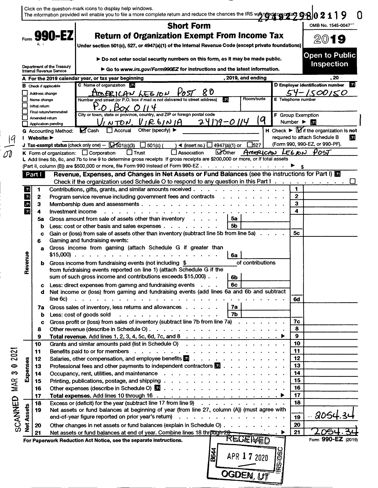 Image of first page of 2019 Form 990EO for American Legion - 80 Dogwood Post