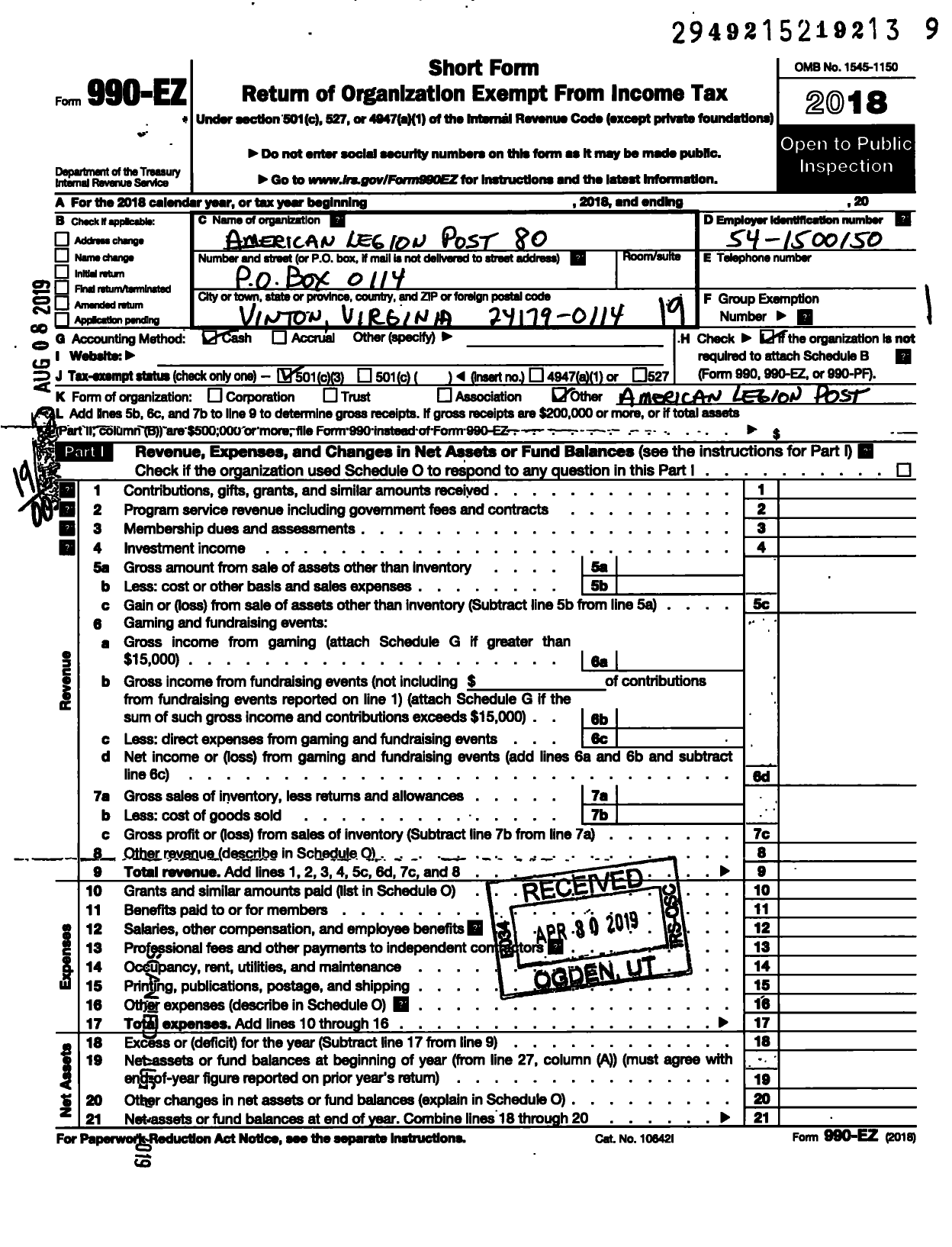 Image of first page of 2018 Form 990EO for American Legion - 80 Dogwood Post