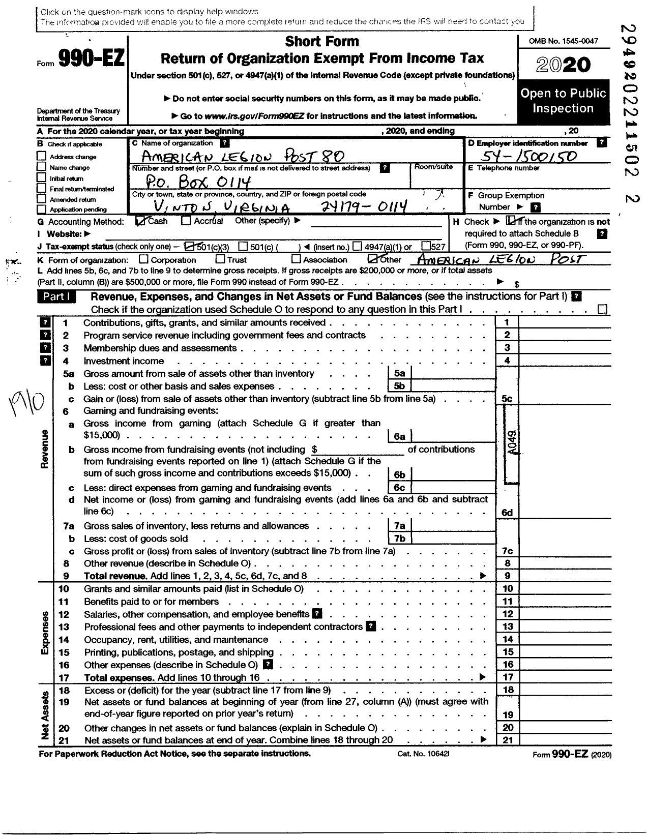 Image of first page of 2020 Form 990EO for American Legion - 80 Dogwood Post