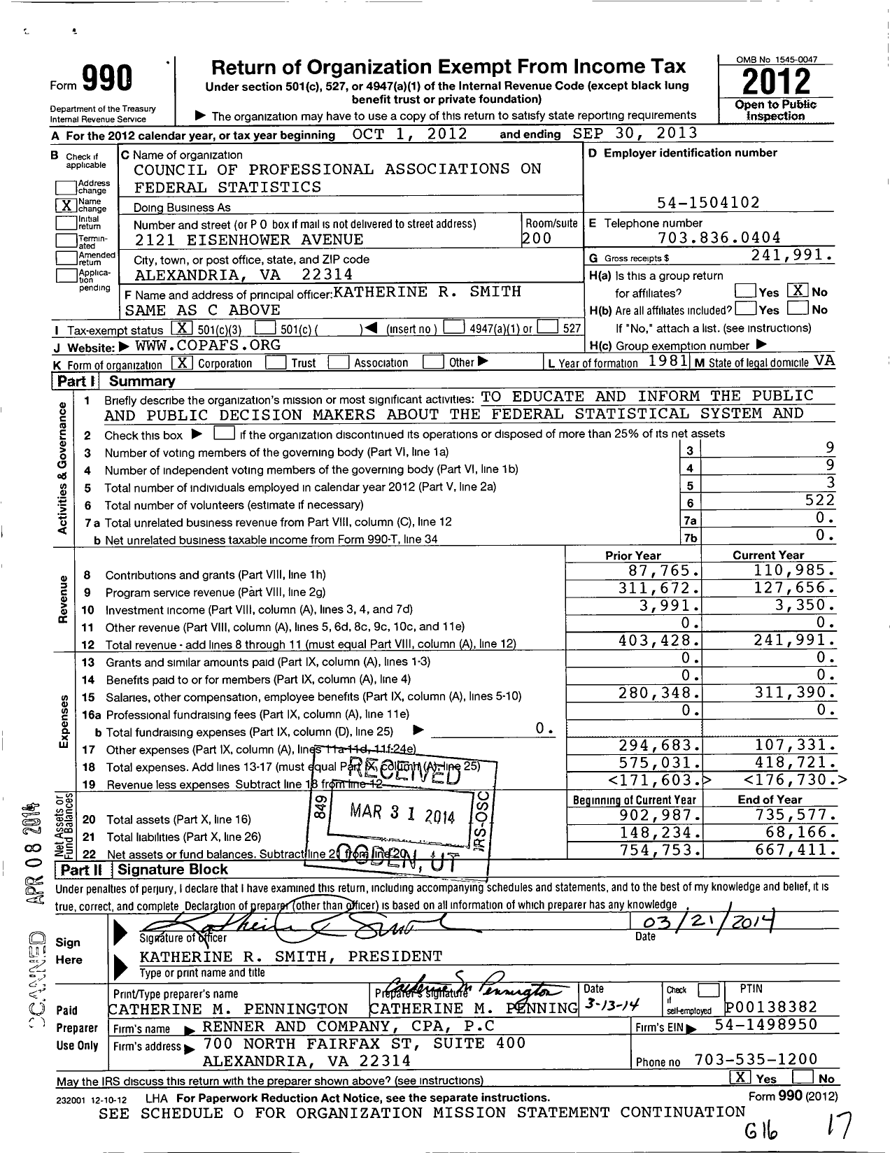 Image of first page of 2012 Form 990 for Council of Professional Associations on Federal Statistics