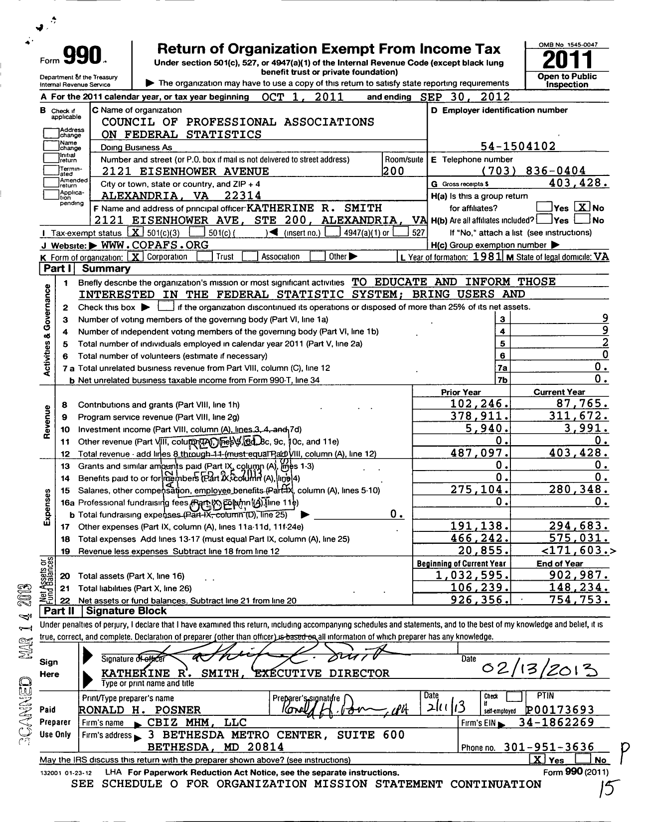 Image of first page of 2011 Form 990 for Council of Professional Associations on Federal Statistics