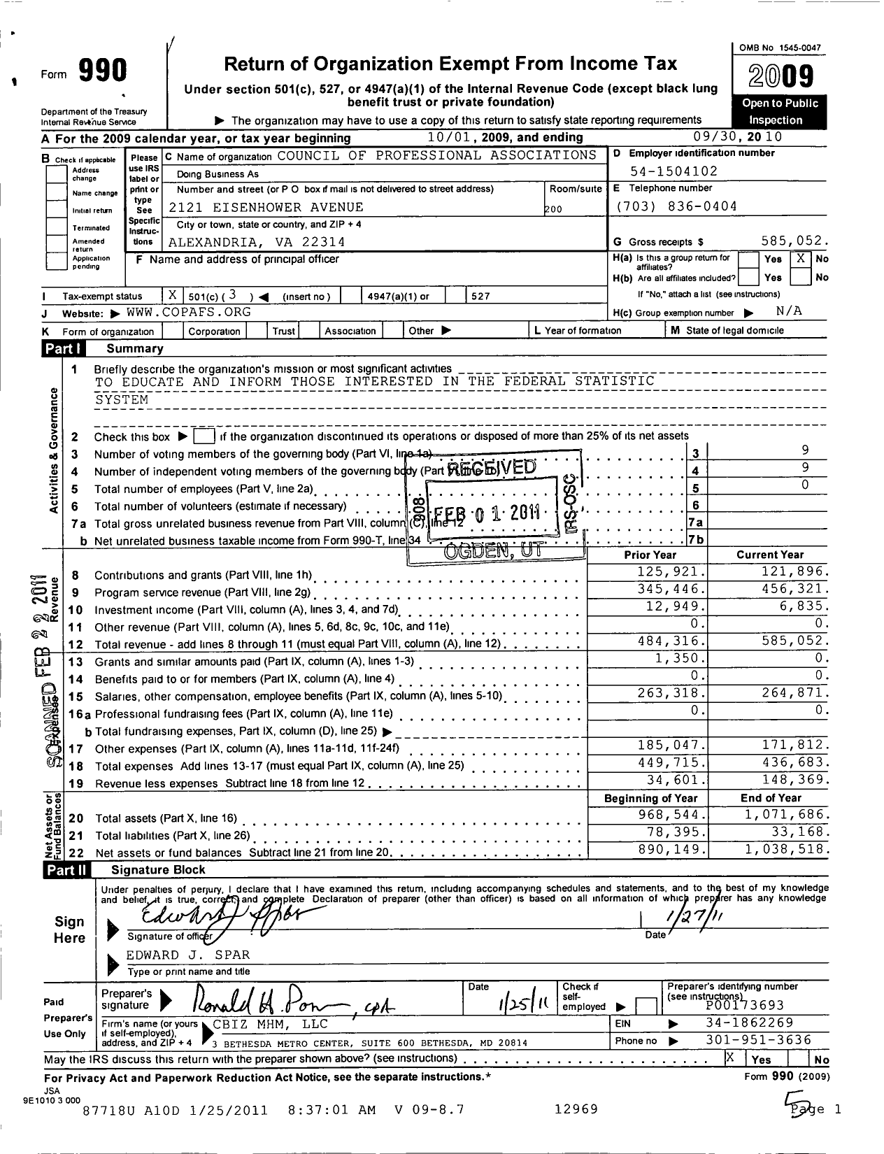 Image of first page of 2009 Form 990 for Council of Professional Associations on Federal Statistics