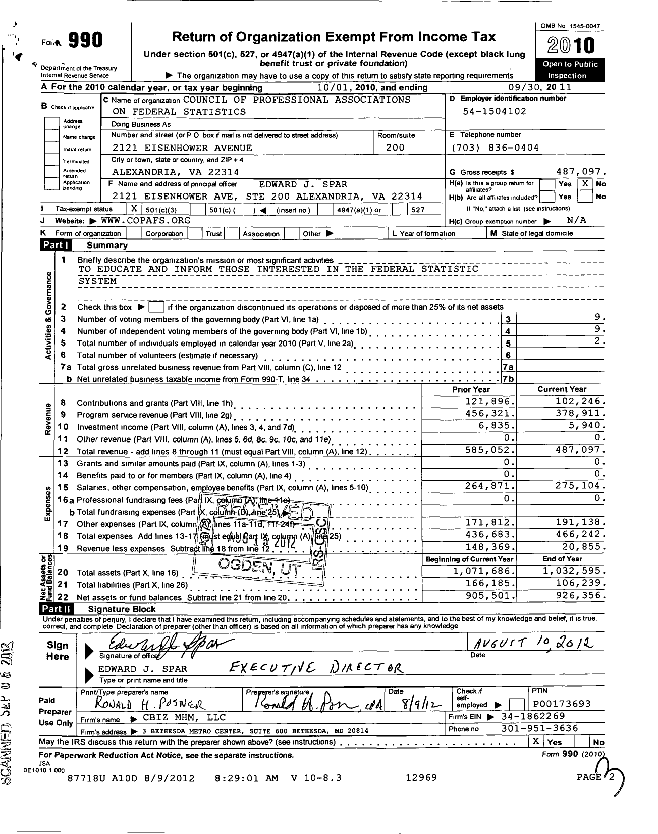 Image of first page of 2010 Form 990 for Council of Professional Associations on Federal Statistics