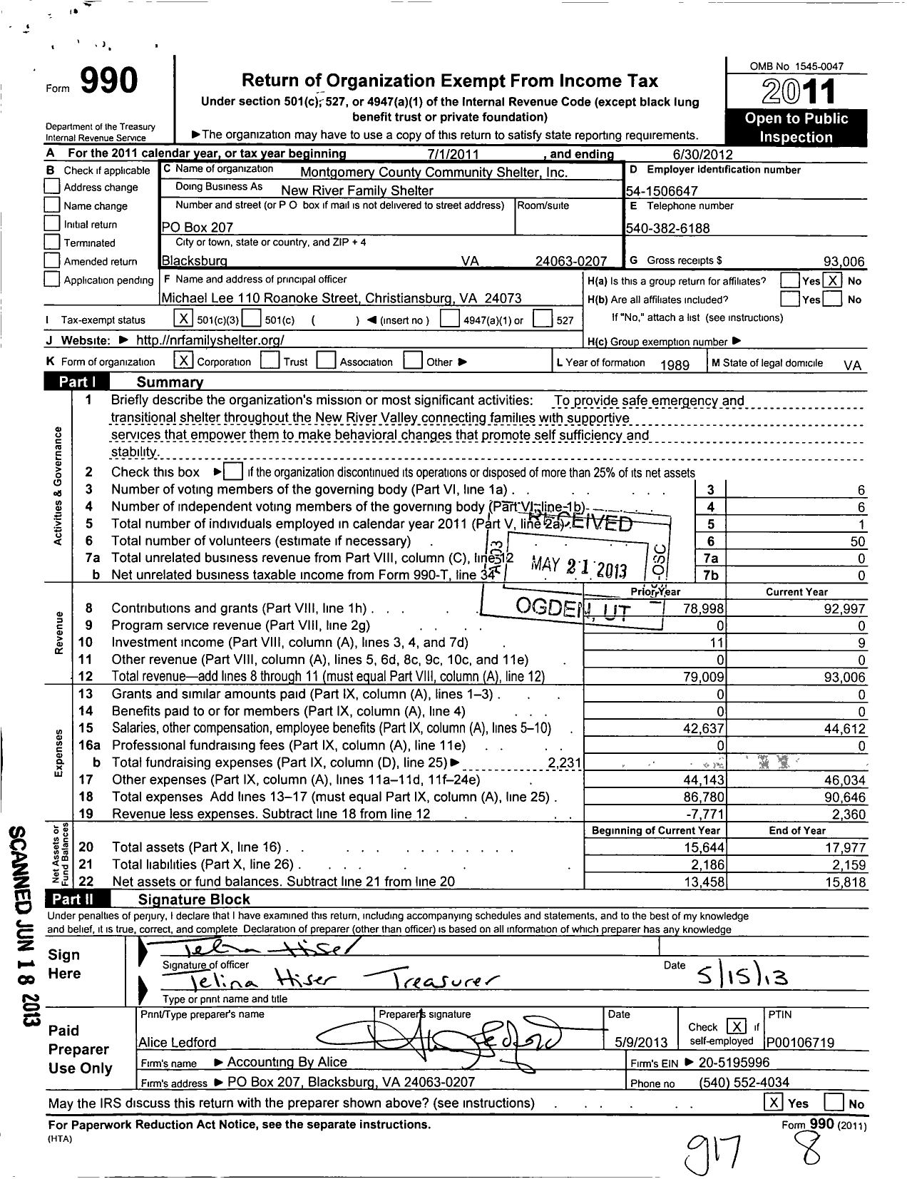 Image of first page of 2011 Form 990 for Montgomery County Community Shelter