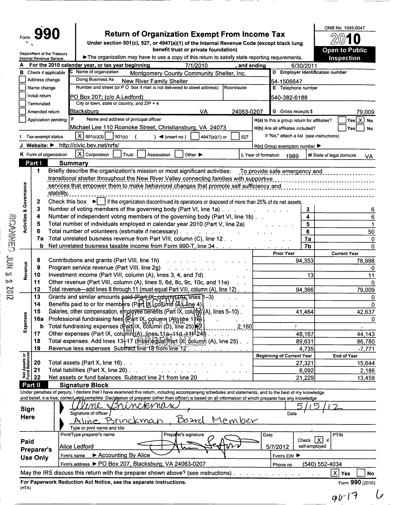 Image of first page of 2010 Form 990 for Montgomery County Community Shelter