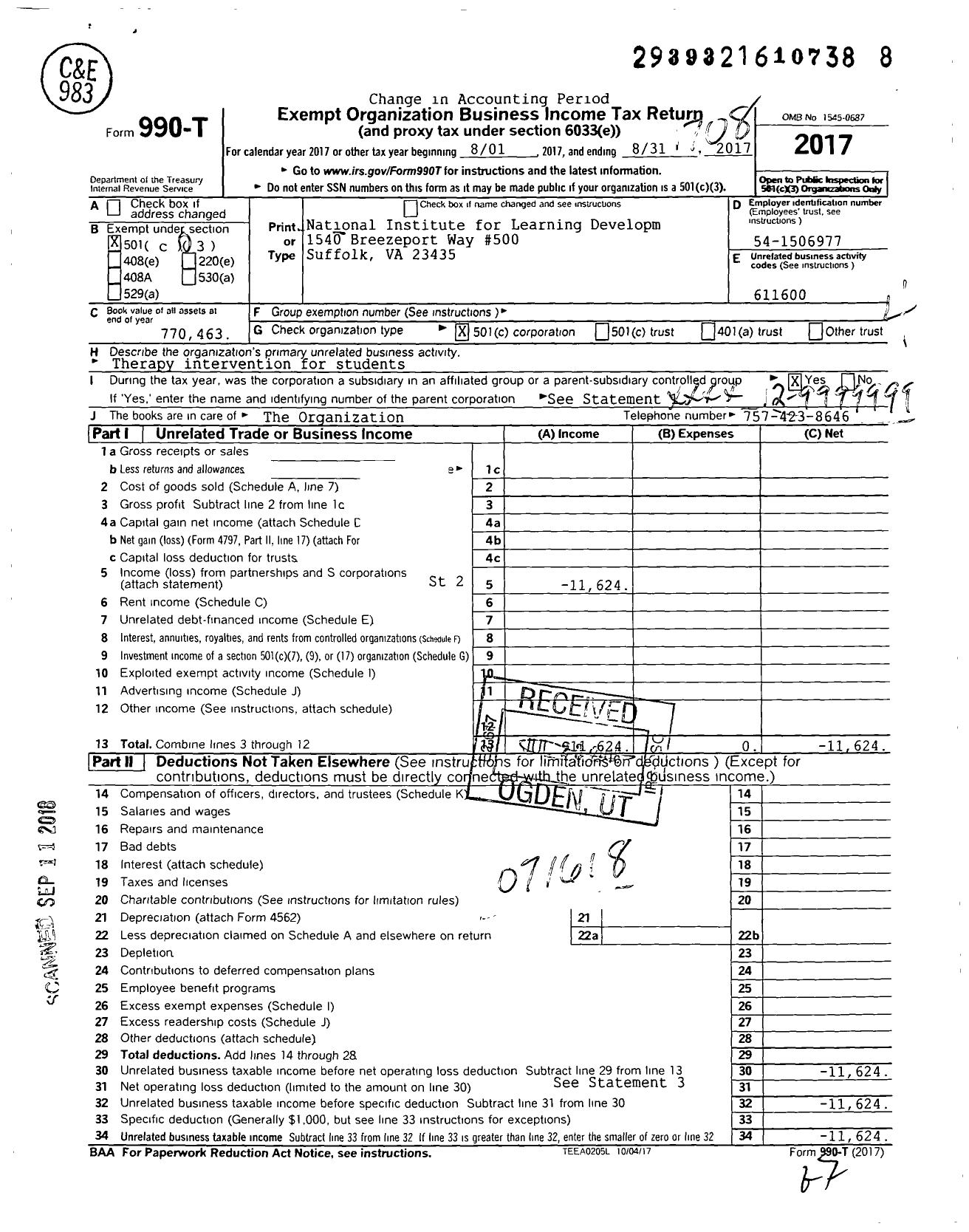 Image of first page of 2016 Form 990T for National Institute for Learning Developm