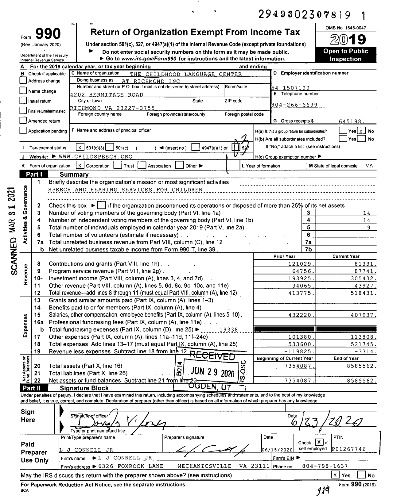 Image of first page of 2019 Form 990 for Scottish Rite Childhood Language Center (SRCLC)