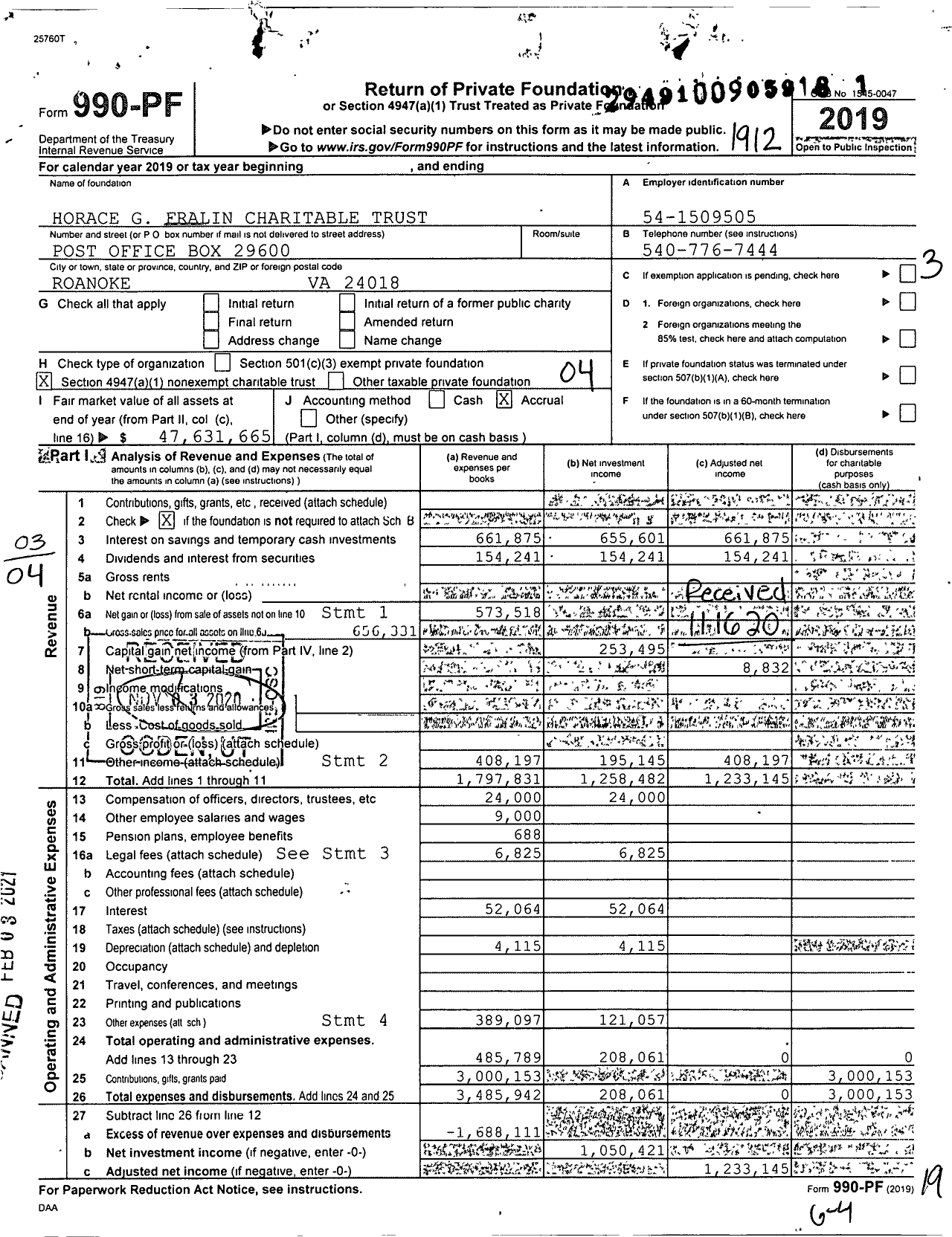 Image of first page of 2019 Form 990PF for Horace G Fralin Charitable Trust
