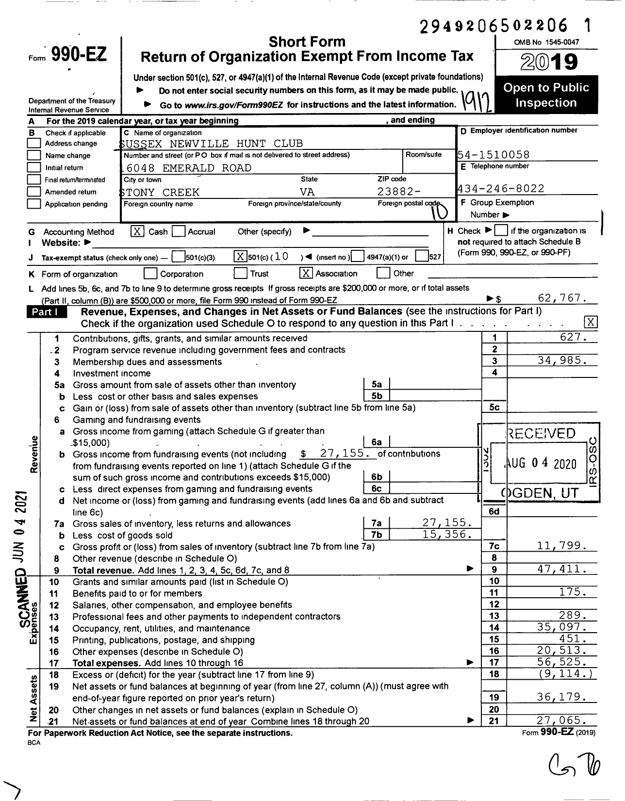 Image of first page of 2019 Form 990EO for Sussex Newville Hunt Club