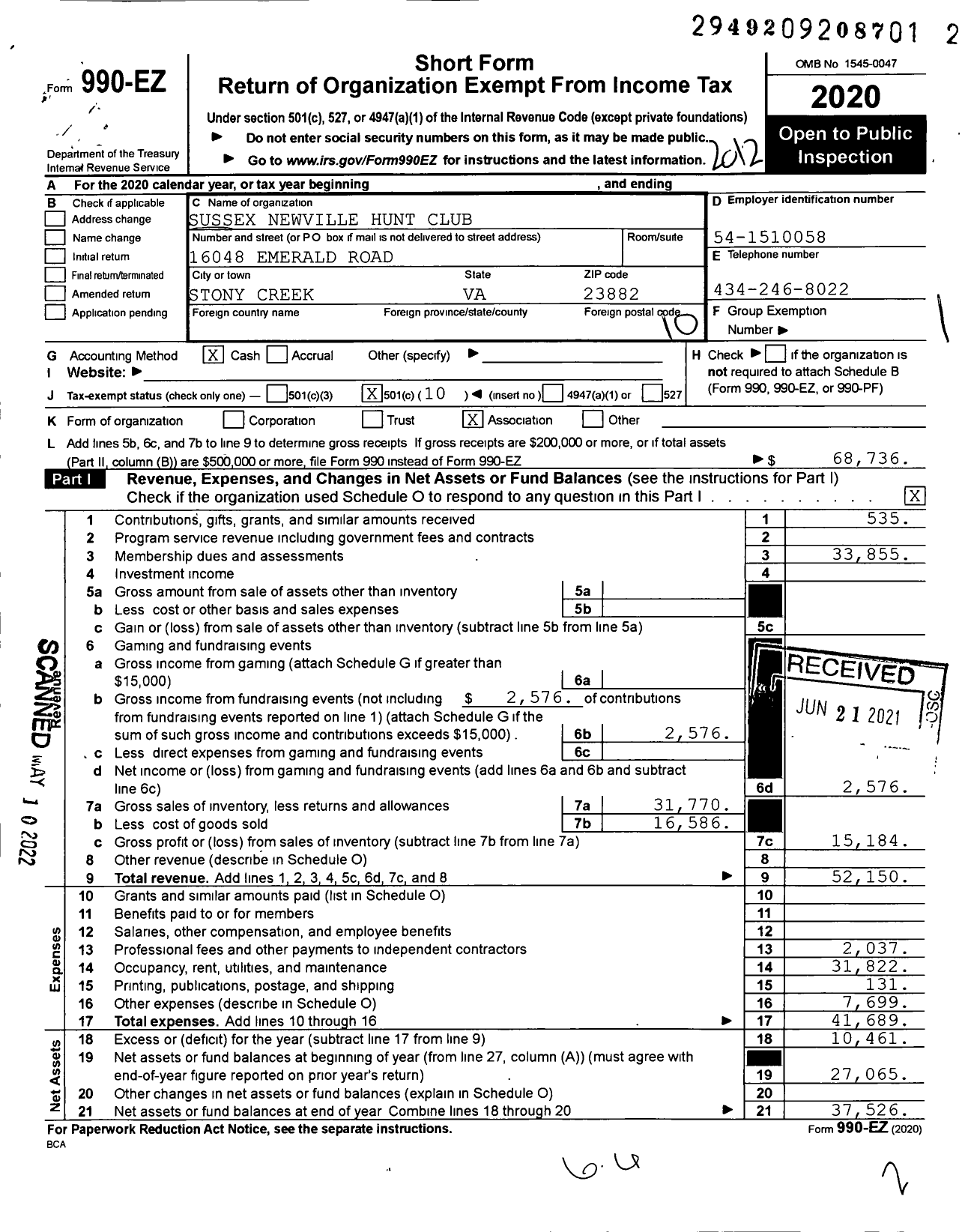 Image of first page of 2020 Form 990EO for Sussex Newville Hunt Club