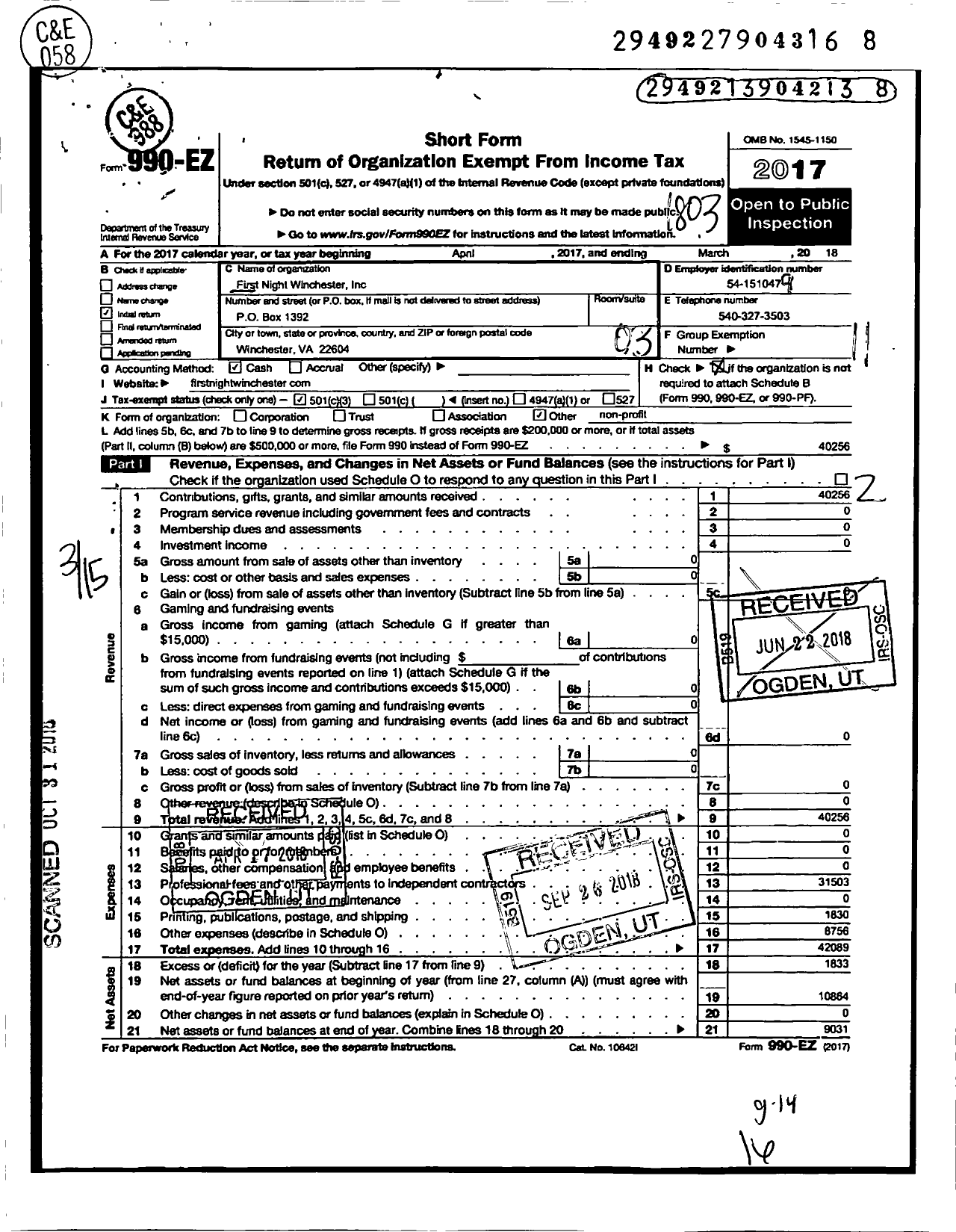 Image of first page of 2017 Form 990EZ for First Night Winchester