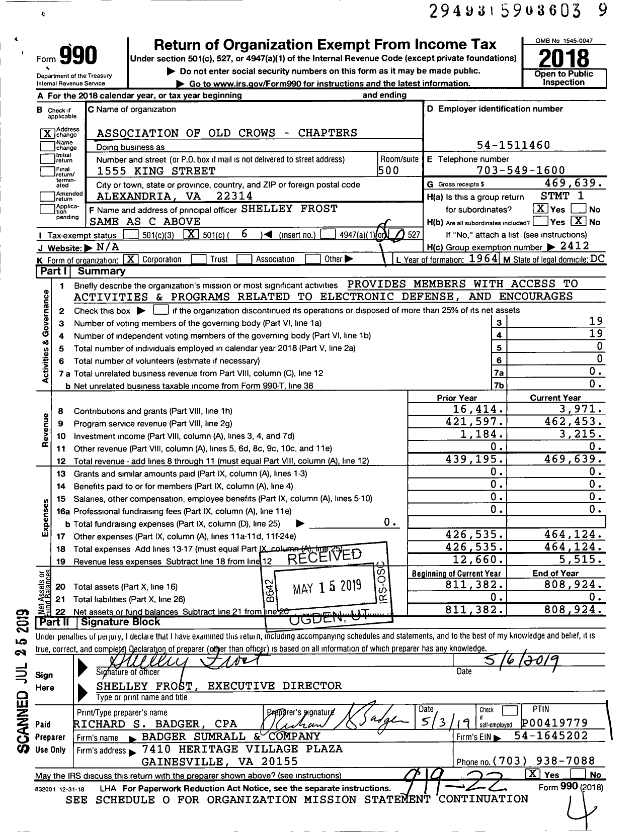 Image of first page of 2018 Form 990O for Association of Old Crows - Chapters