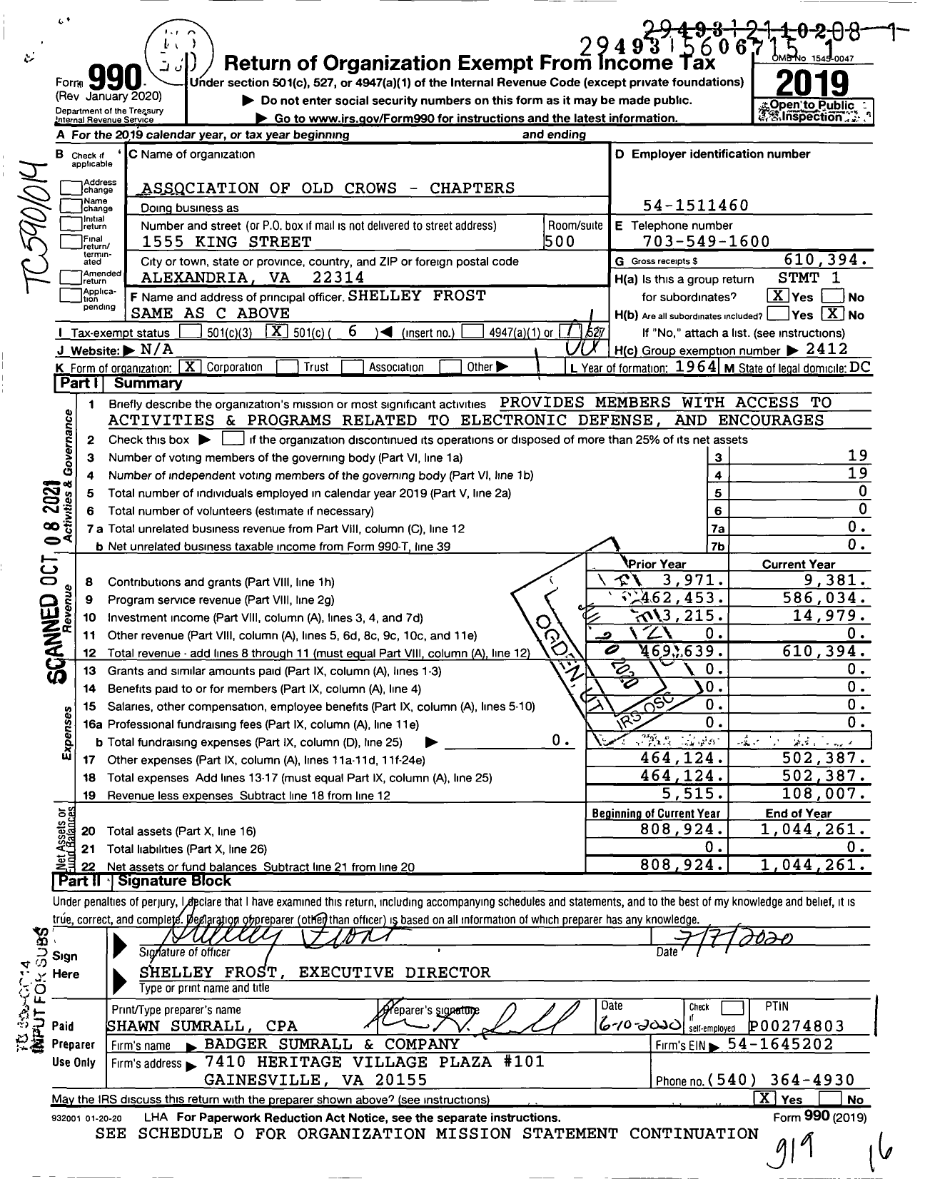 Image of first page of 2019 Form 990O for Association of Old Crows - Chapters