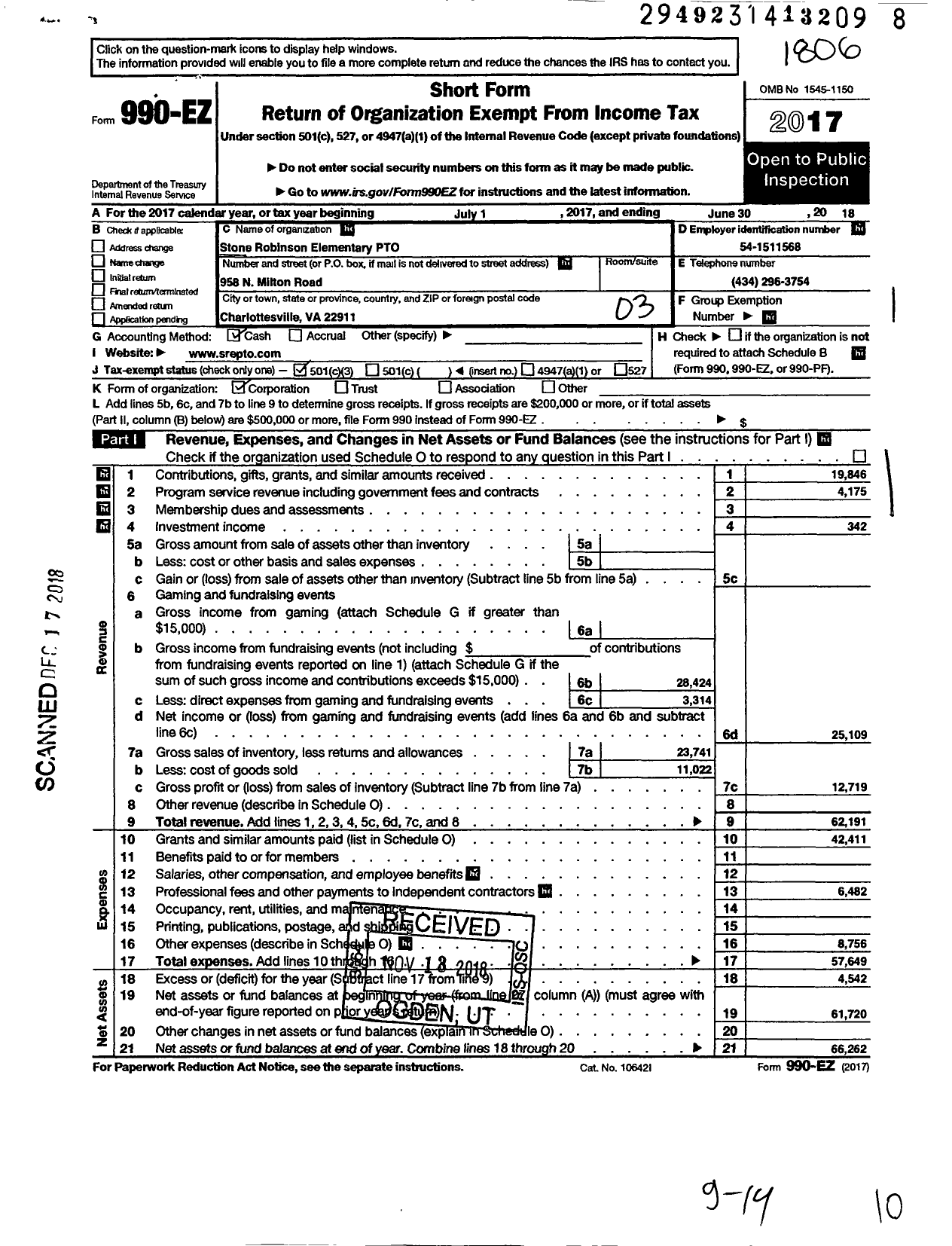 Image of first page of 2017 Form 990EZ for Stone Robinson Elementary PTO 658 N Milton Rd Charlottesville Va 22911