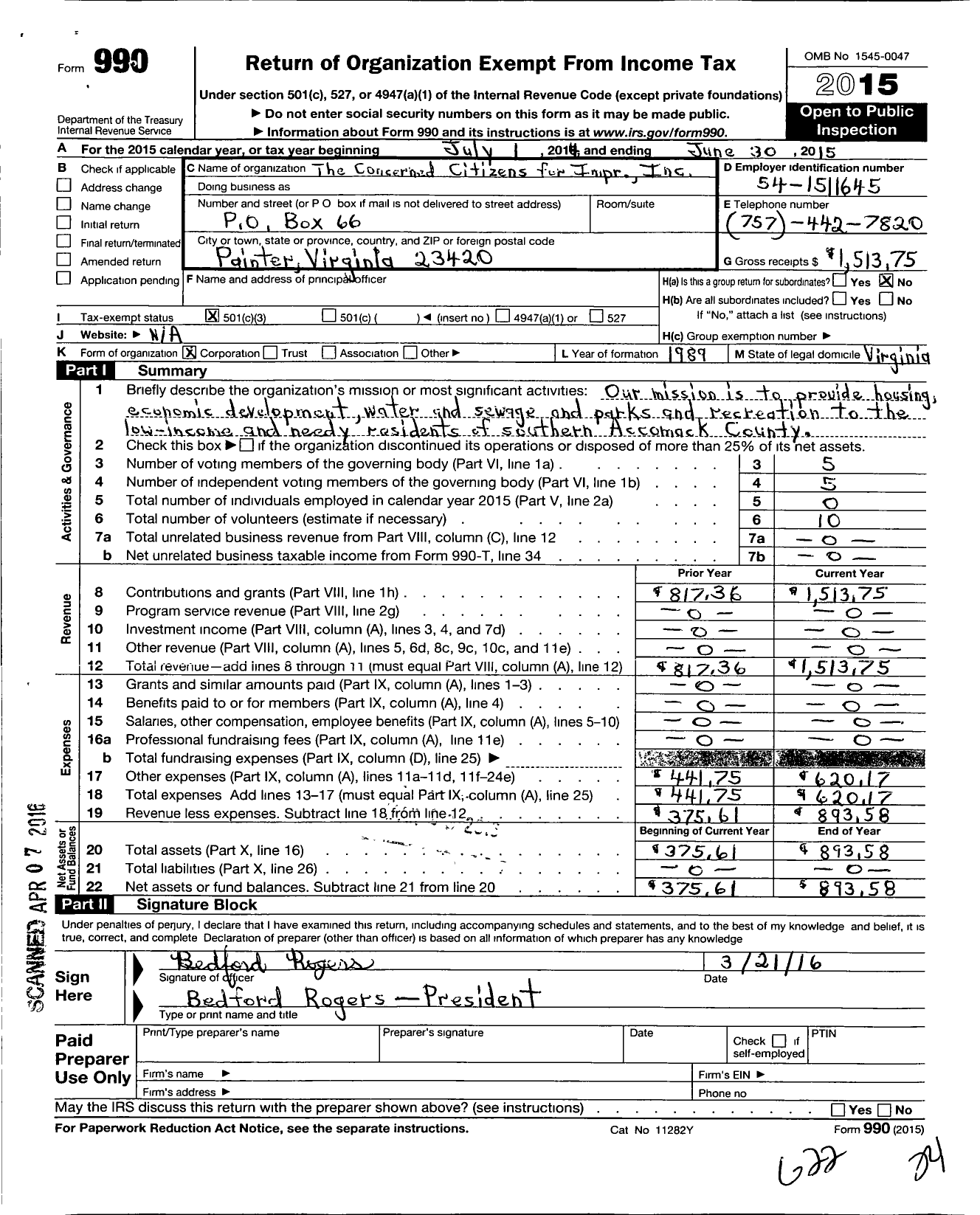 Image of first page of 2014 Form 990 for Concerned Citizens for Impr