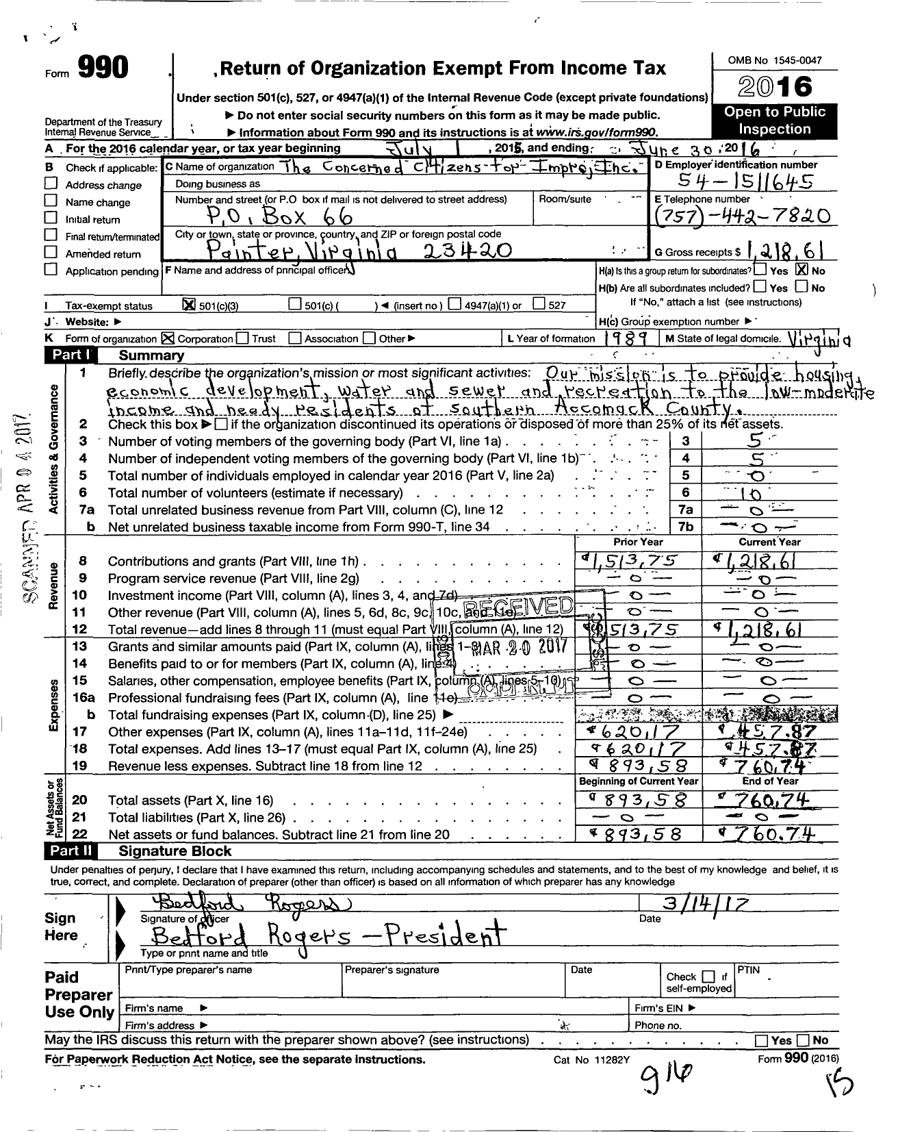 Image of first page of 2015 Form 990 for Concerned Citizens for Impr