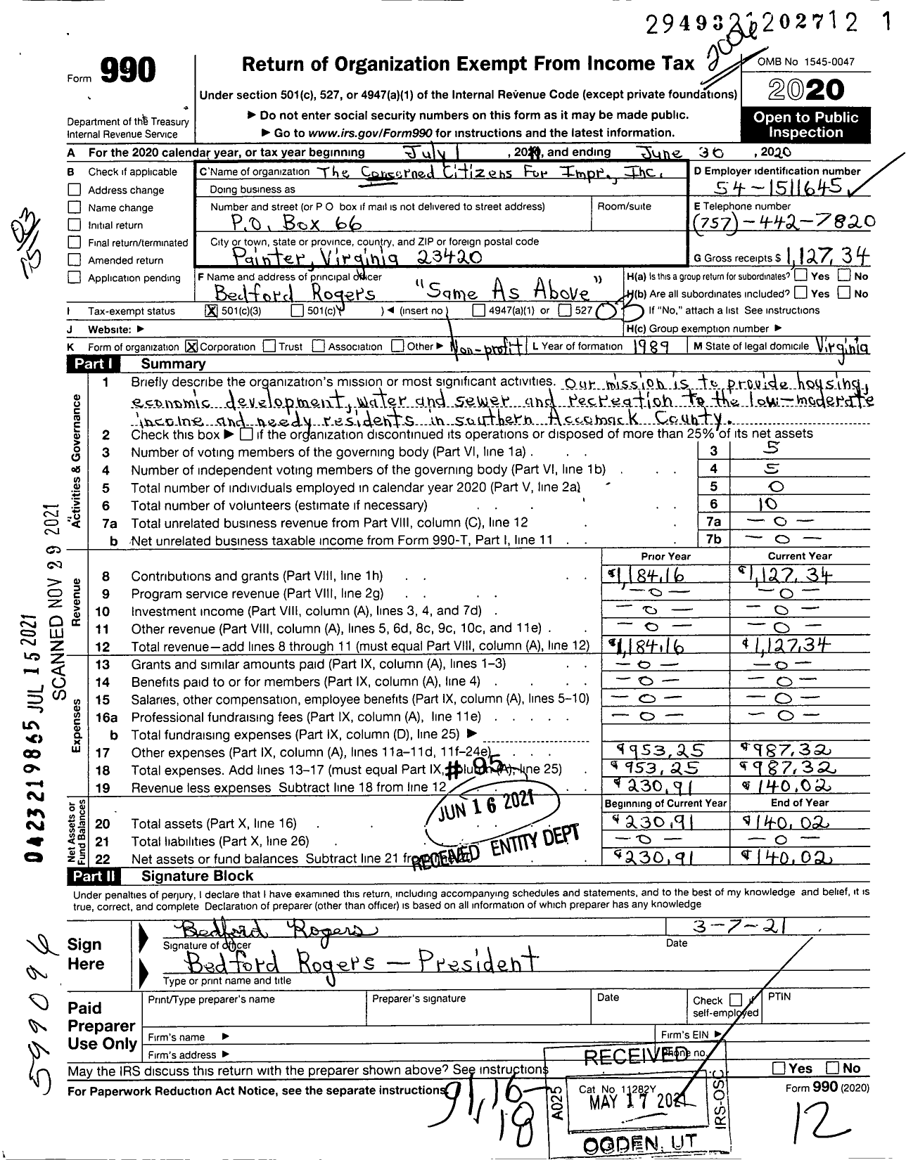 Image of first page of 2019 Form 990 for Concerned Citizens for Impr