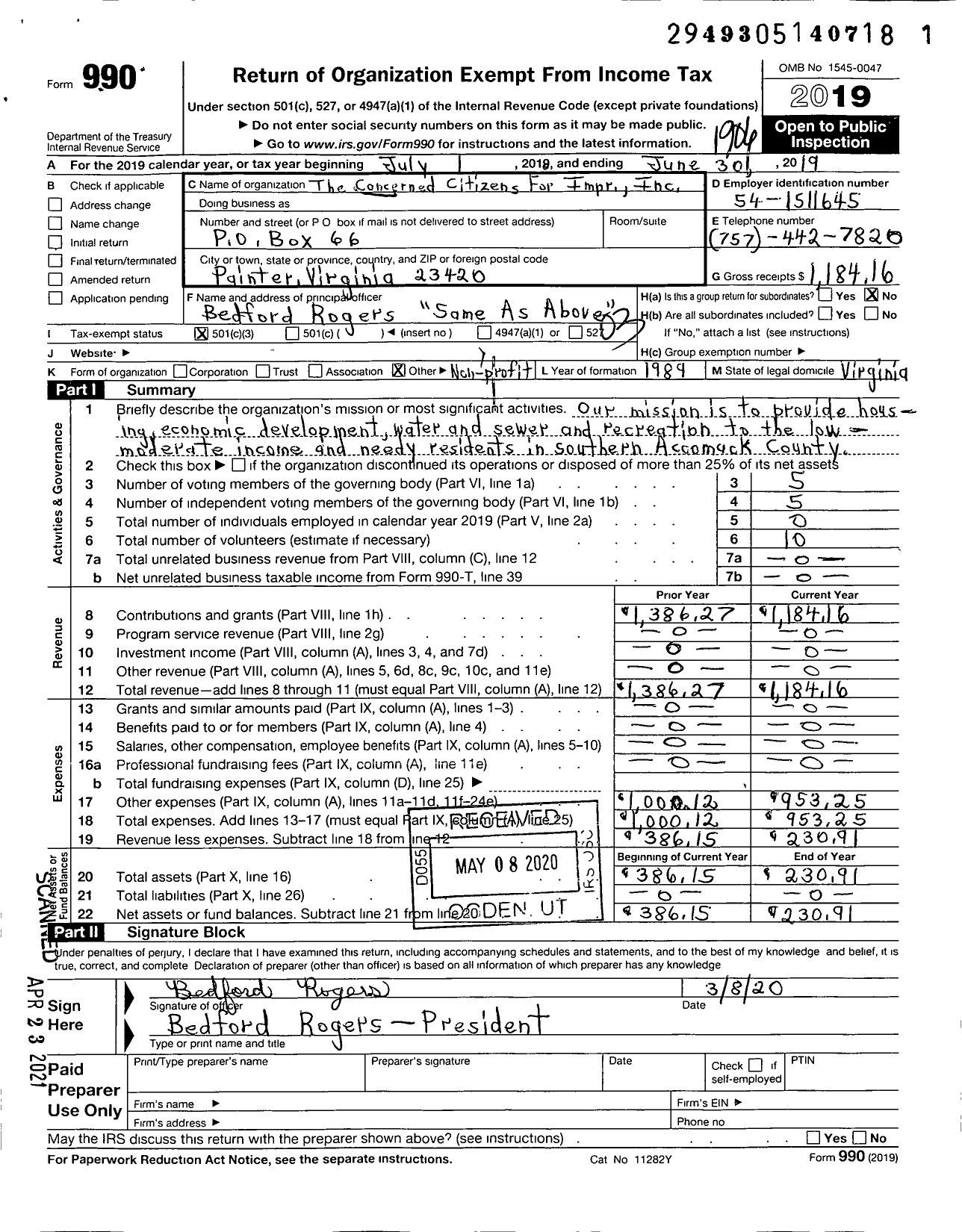 Image of first page of 2018 Form 990 for Concerned Citizens for Impr