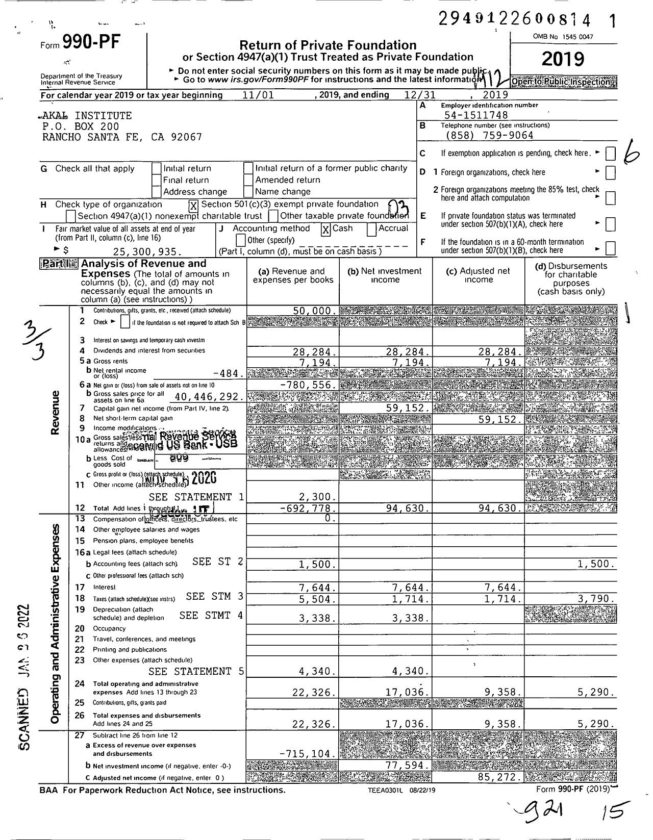 Image of first page of 2019 Form 990PF for Akal Institute