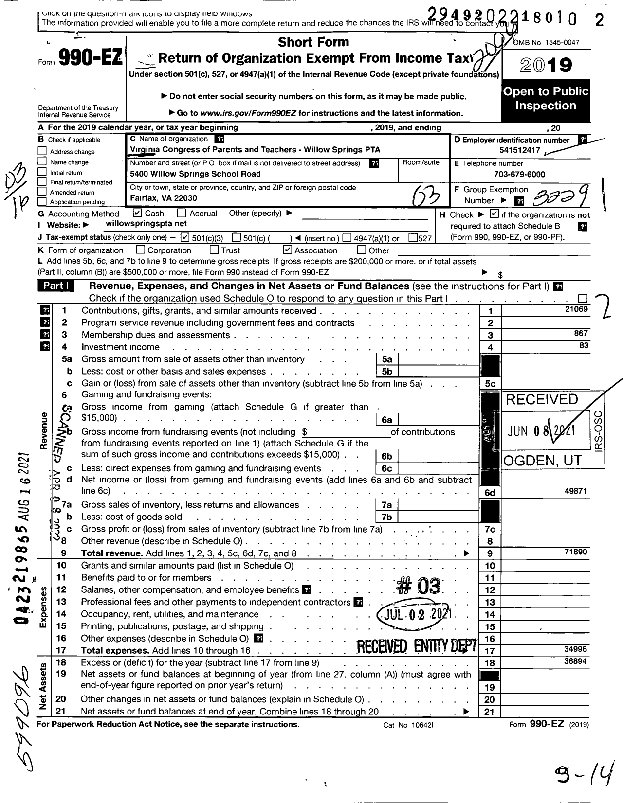 Image of first page of 2019 Form 990EZ for Virginia PTA - Willow Springs PTA