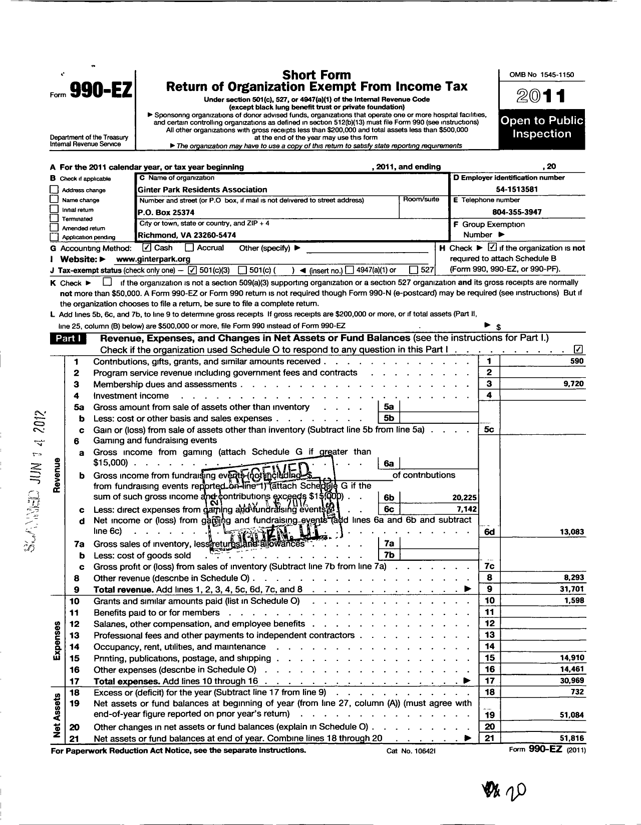 Image of first page of 2011 Form 990EZ for The Ginter Park Residents Association