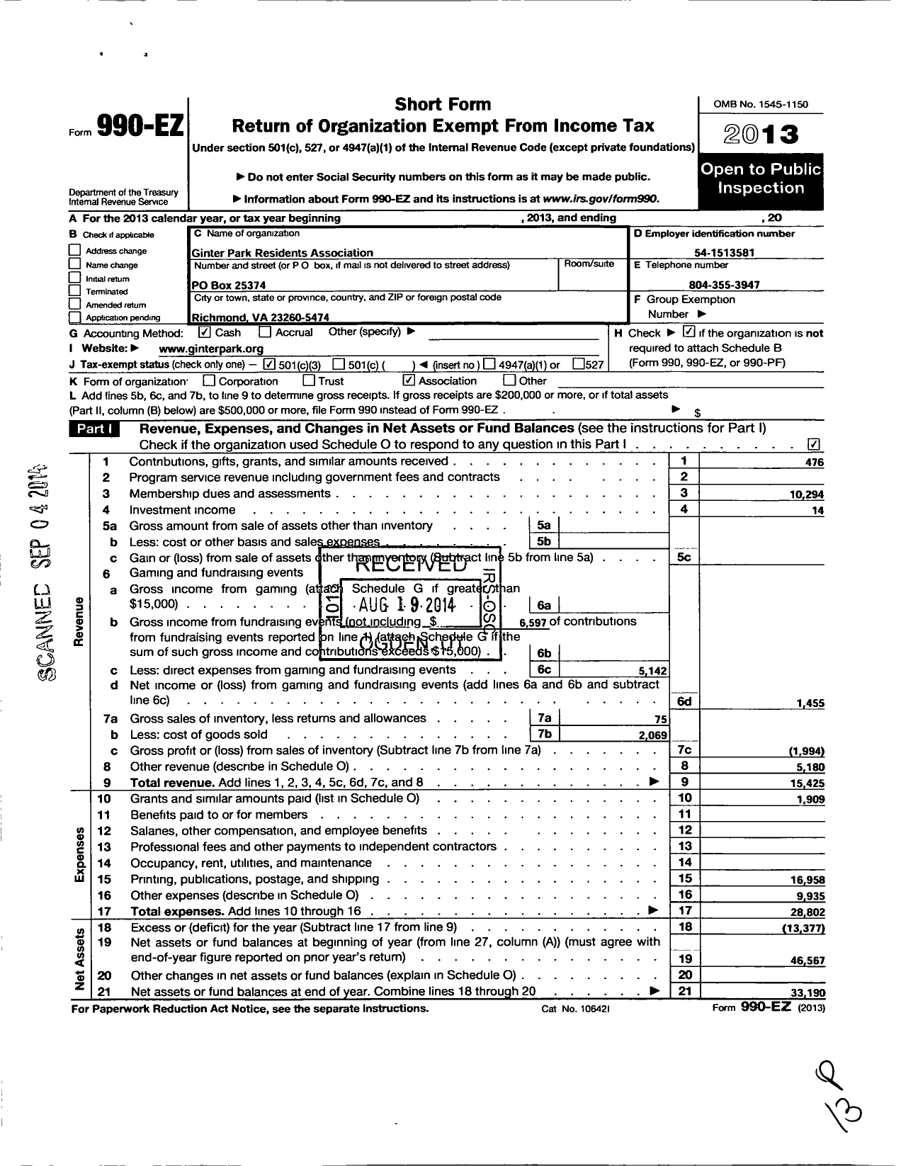 Image of first page of 2013 Form 990EZ for The Ginter Park Residents Association