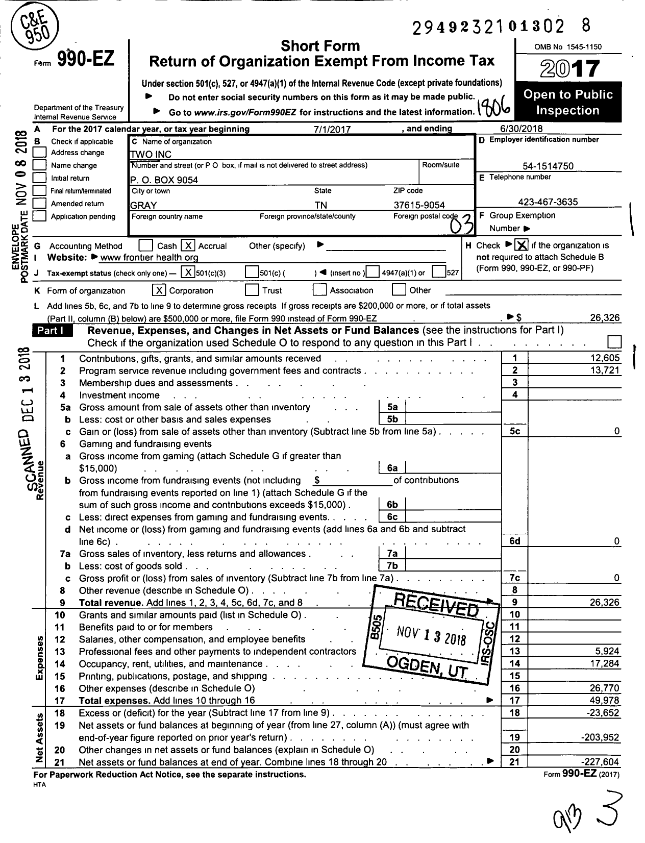 Image of first page of 2017 Form 990EZ for Two