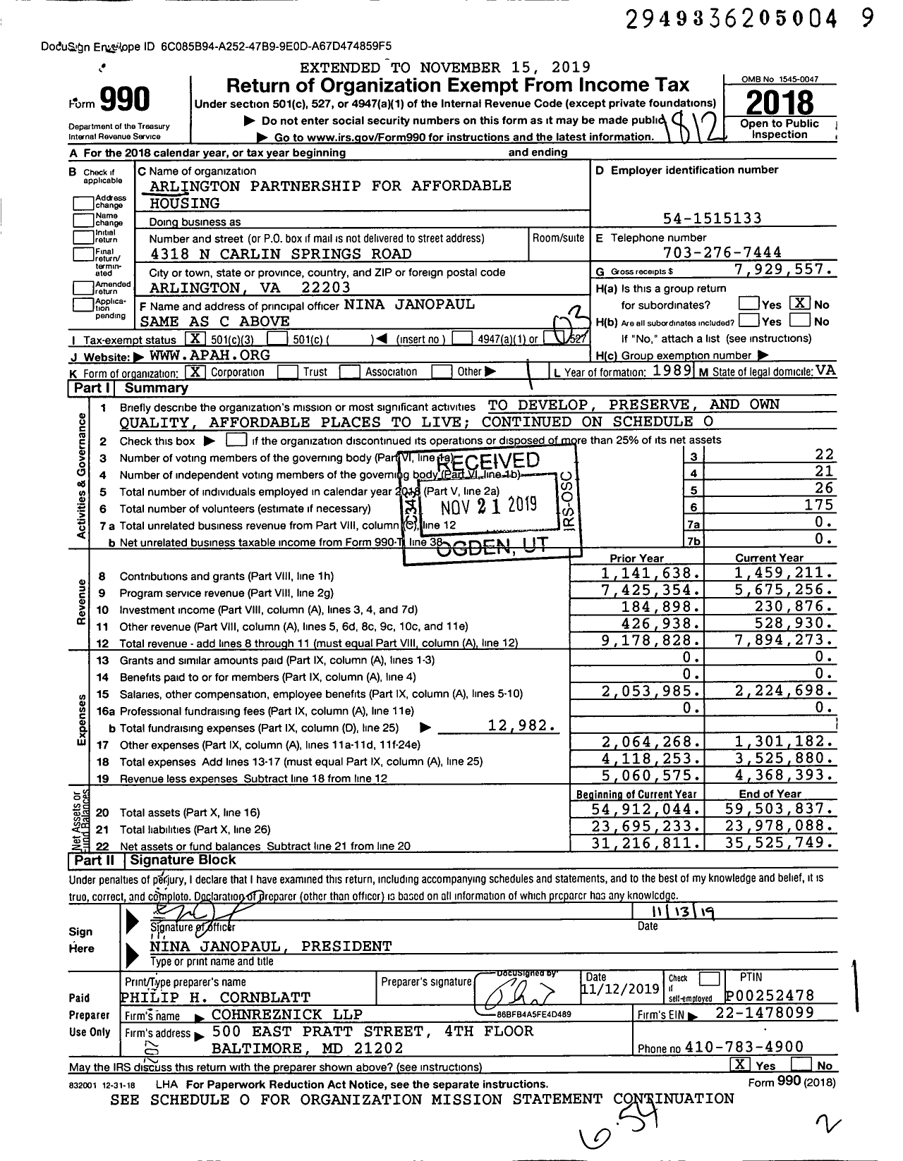 Image of first page of 2018 Form 990 for Arlington Partnership for Affordable Housing