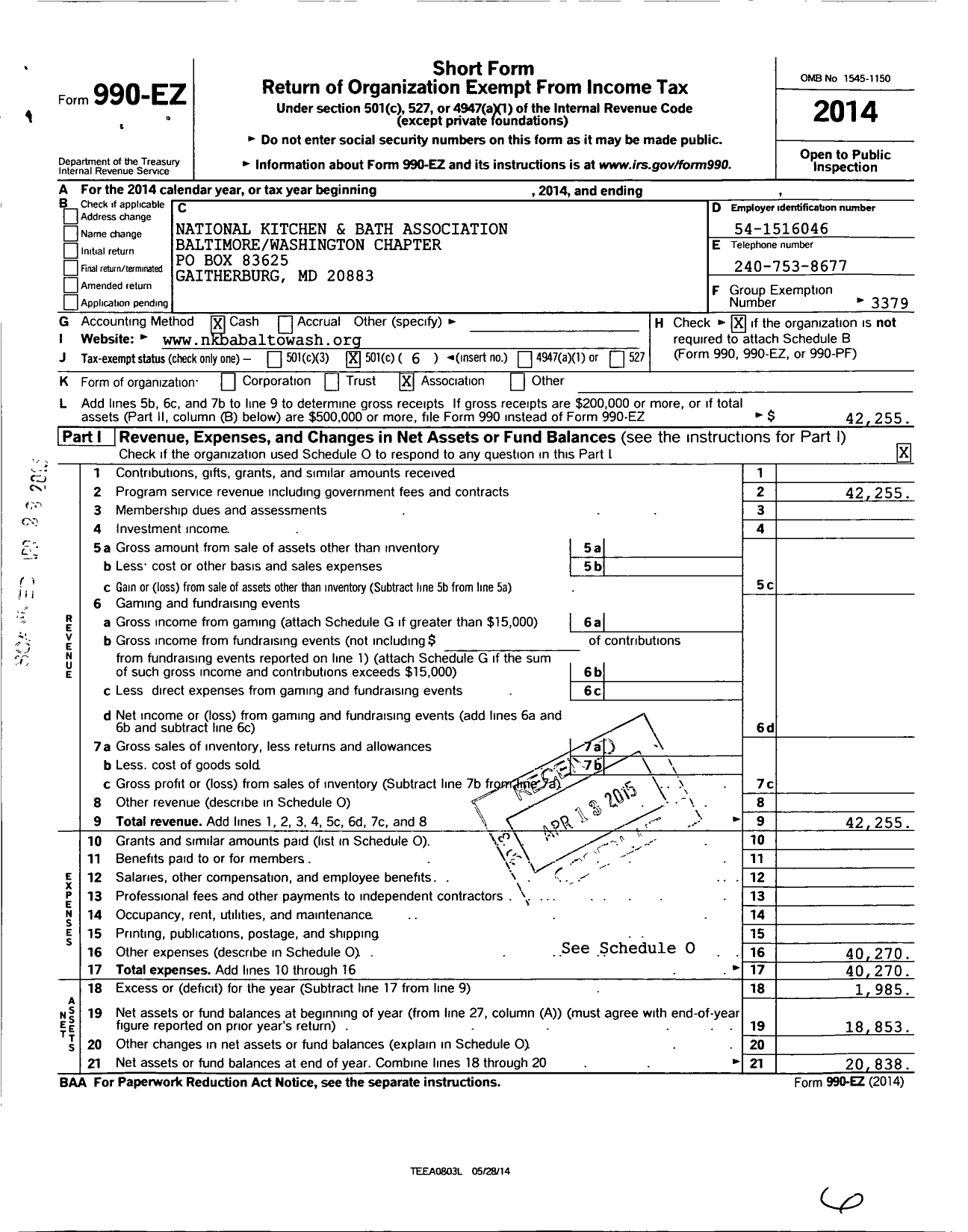 Image of first page of 2014 Form 990EO for National Kitchen and Bath Association / Baltimore-Washington Chapter