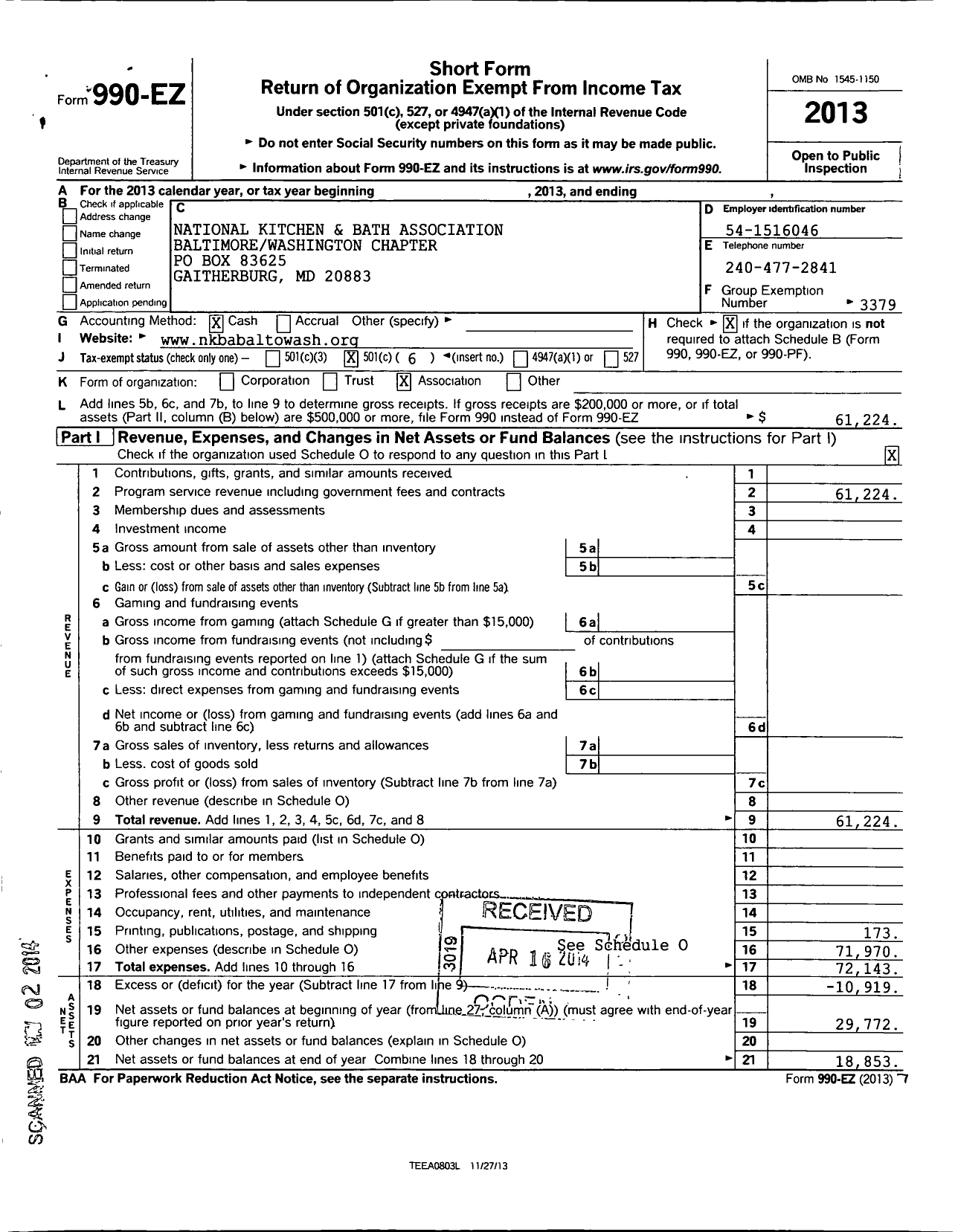 Image of first page of 2013 Form 990EO for National Kitchen and Bath Association / Baltimore-Washington Chapter