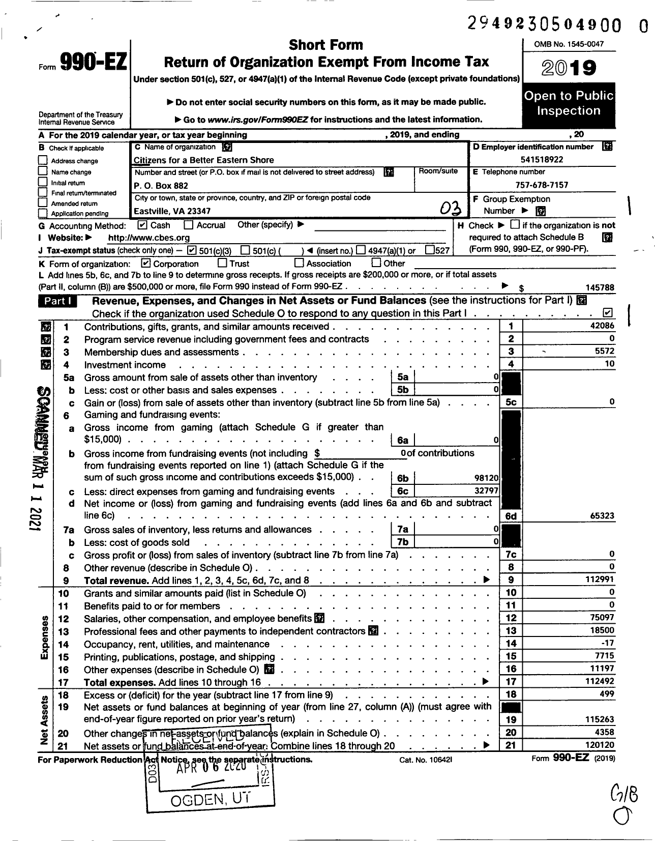 Image of first page of 2019 Form 990EZ for Citizens for A Better Eastern Shore