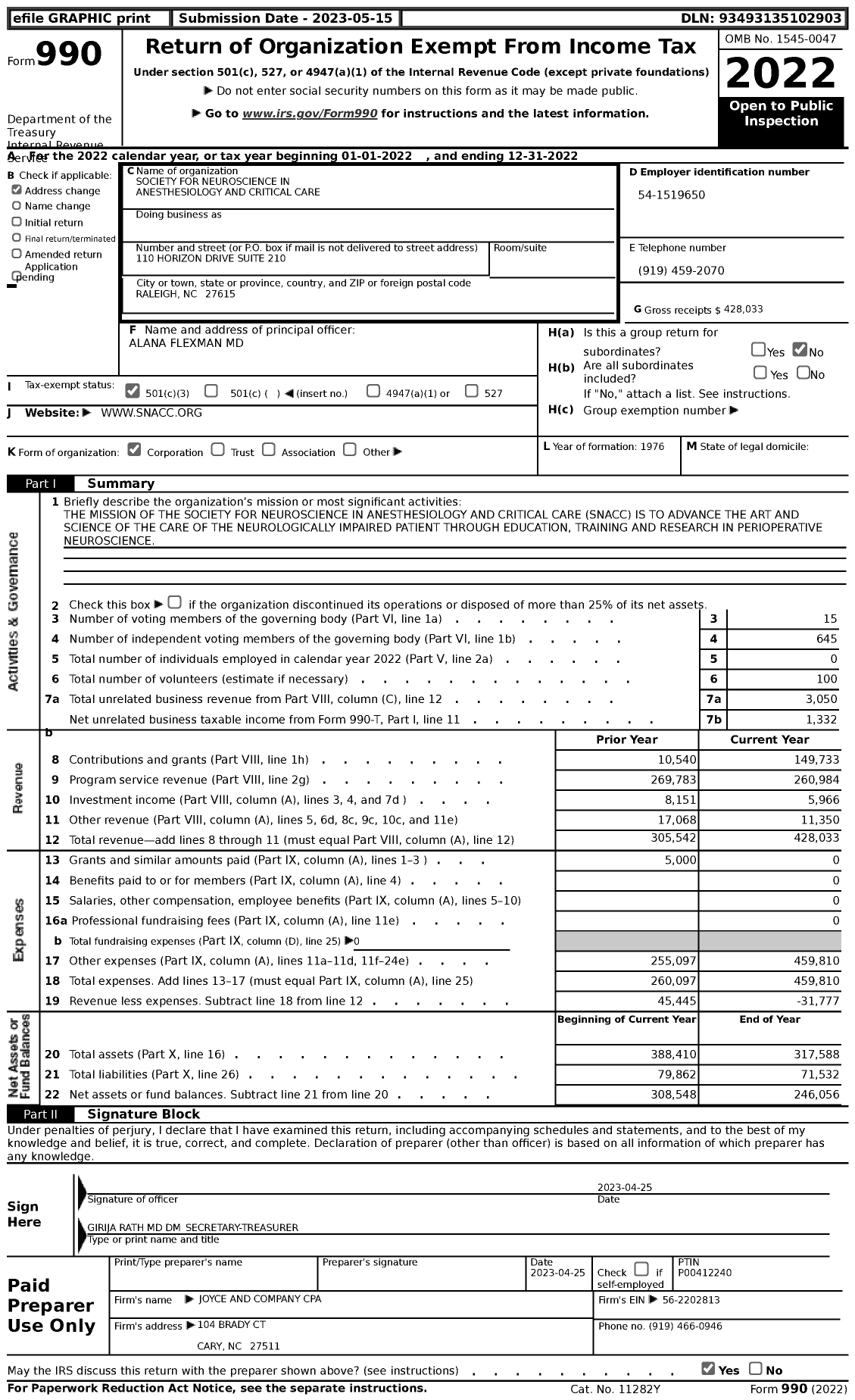 Image of first page of 2022 Form 990 for Society for Neuroscience in Anesthesiology and Critical Care